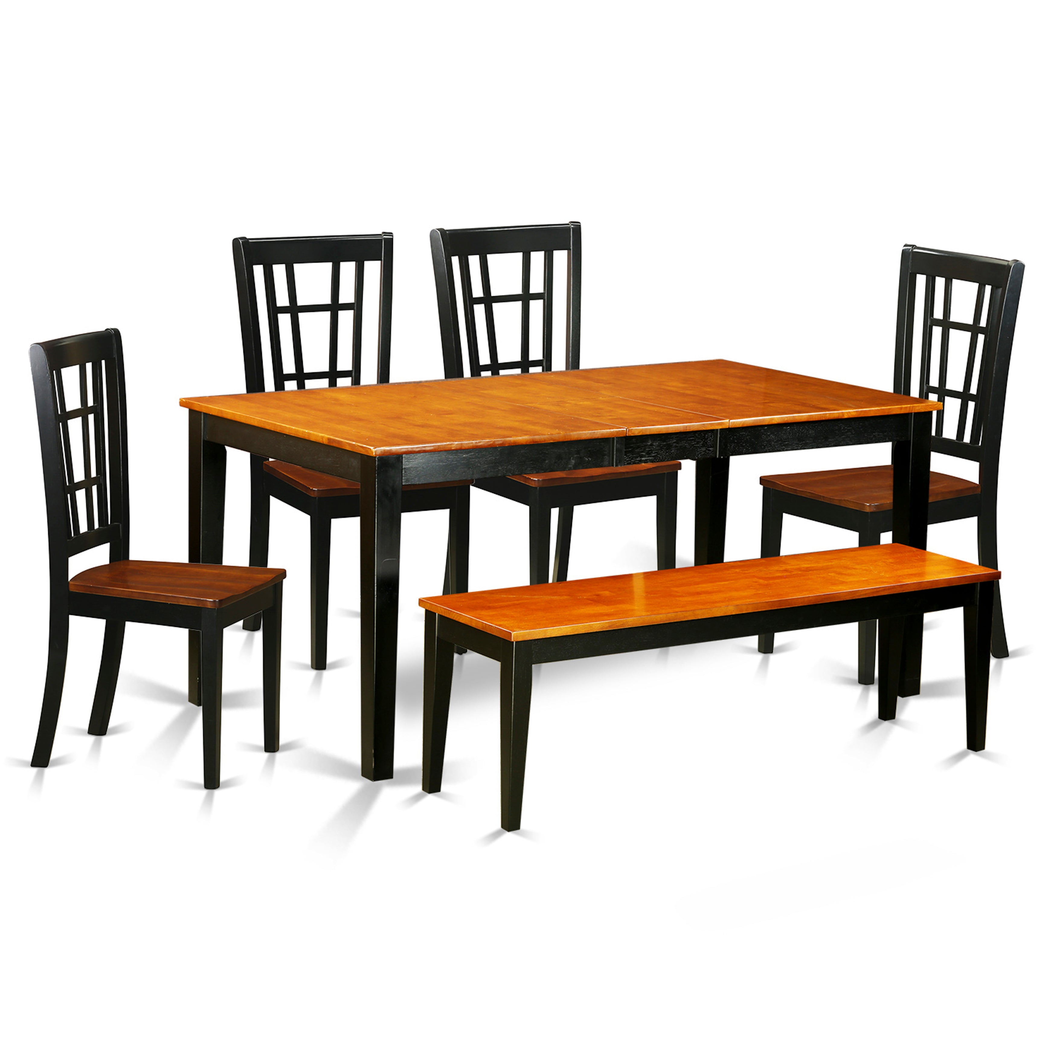 El juego de mesa de comedor de 6 piezas NICO6-BLK-W de East West Furniture contiene una mesa de comedor rectangular con hojas de mariposa y 4 sillas con asiento de madera con un banco.
