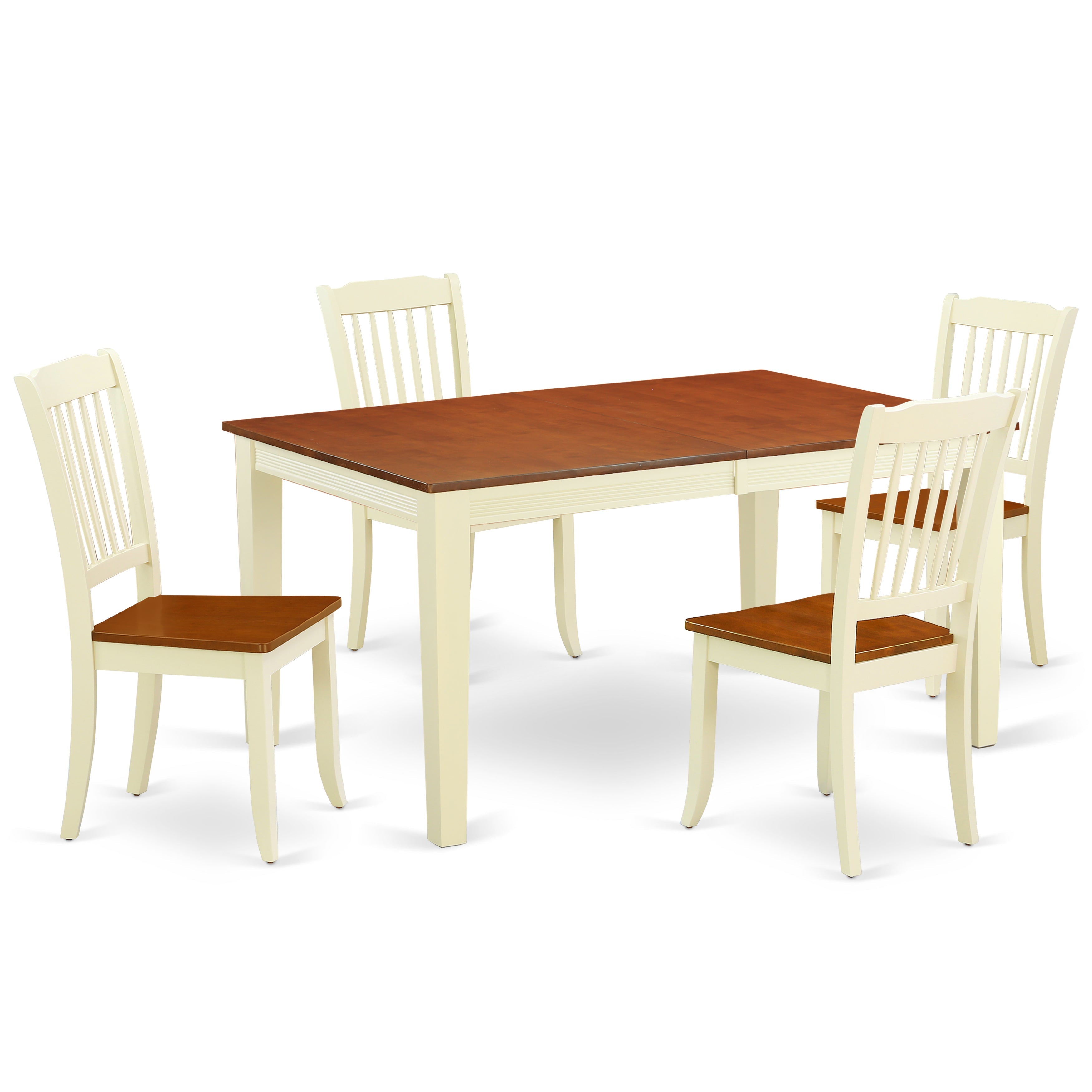 Juego de comedor de 5 piezas East West Furniture NIDA5-BMK-W. Incluye una mesa de comedor rectangular con hojas de mariposa y 4 sillas con asiento de madera.