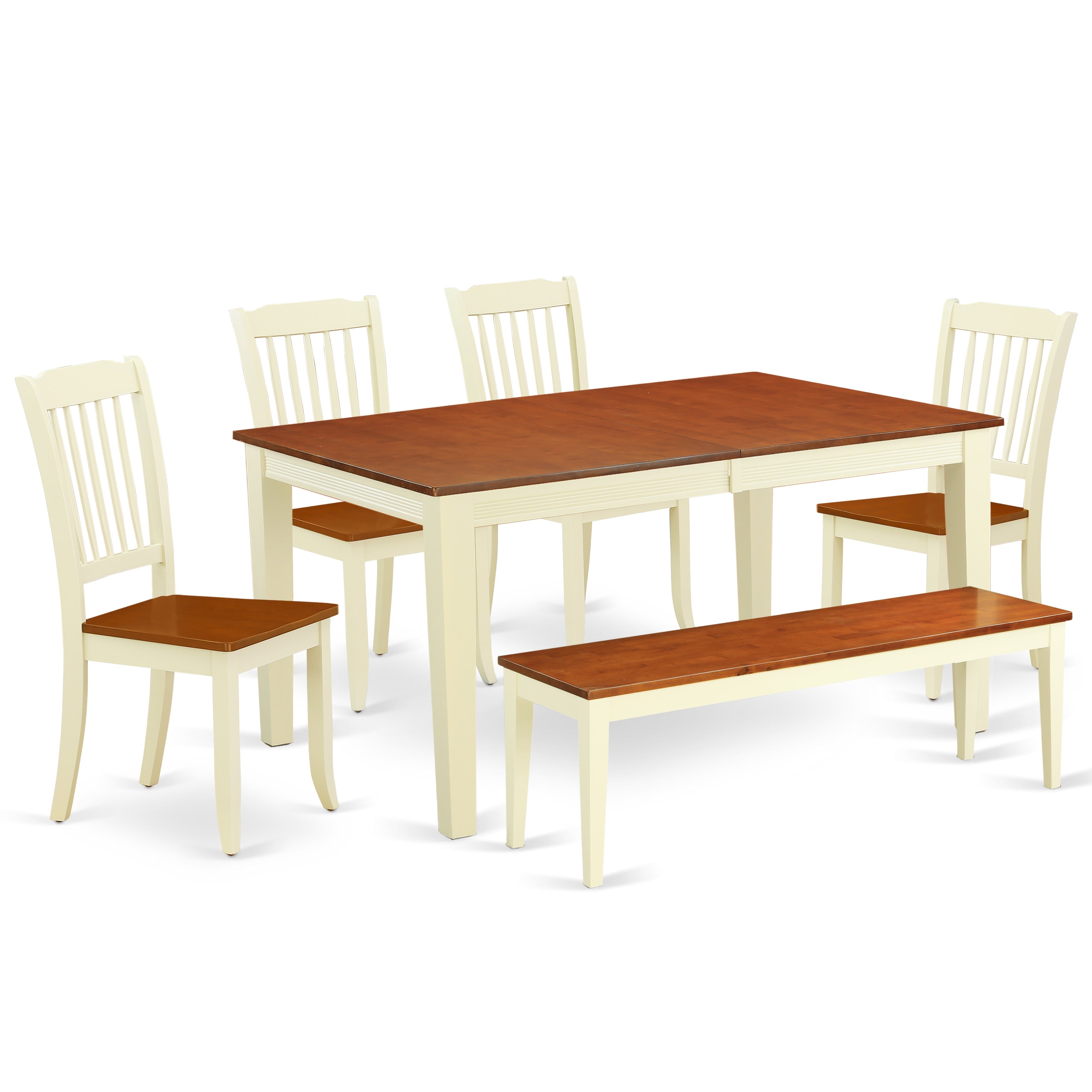 NIDA6-BMK-W 6PC Rectangular 54/66 inch Table with 12 In Leaf and 4 vertical slatted Chairs plus one bench