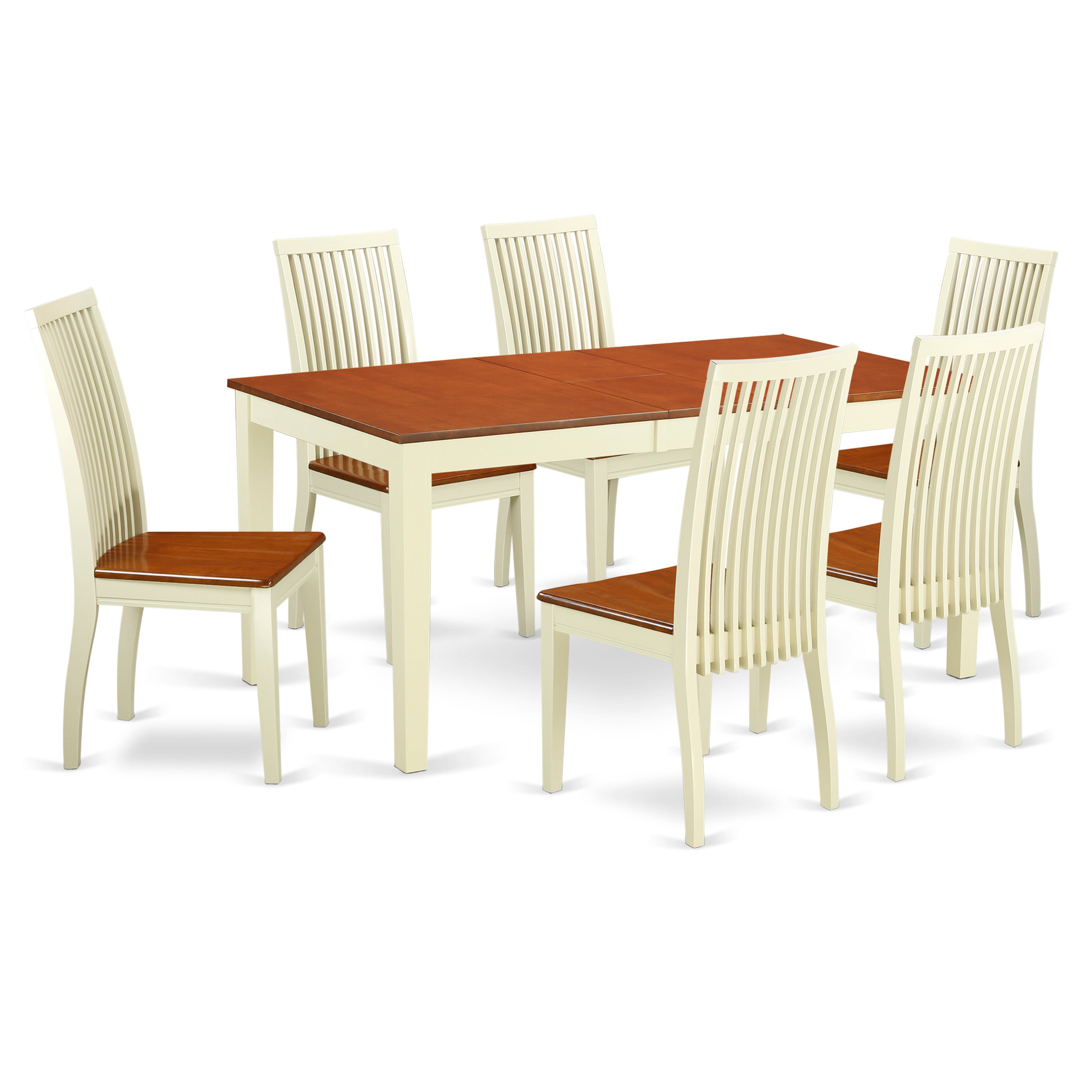 Juego de mesa y sillas de cocina de 7 piezas East West Furniture NIIP7-BMK-W. Incluye una mesa de comedor rectangular con diseño de hojas de mariposa y 6 sillas de madera maciza.