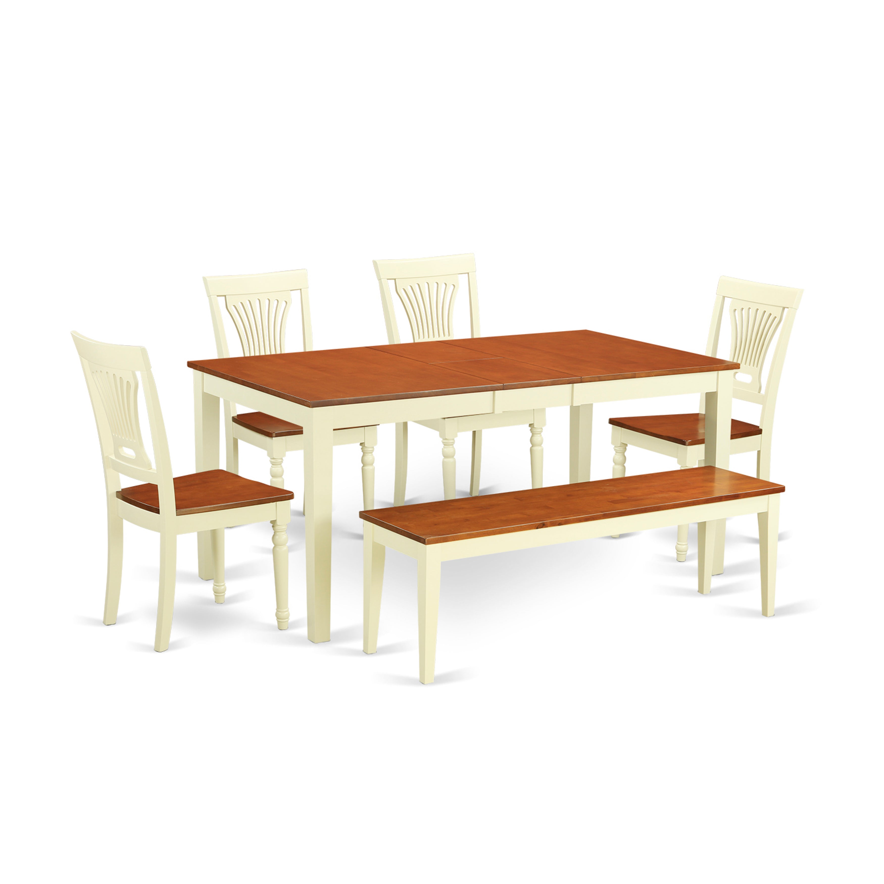 Juego de mesa y sillas de cocina de 6 piezas NIPL6-WHI-W de East West Furniture. Contiene una mesa de comedor rectangular con hojas de mariposa y 4 sillas de comedor con un banco.