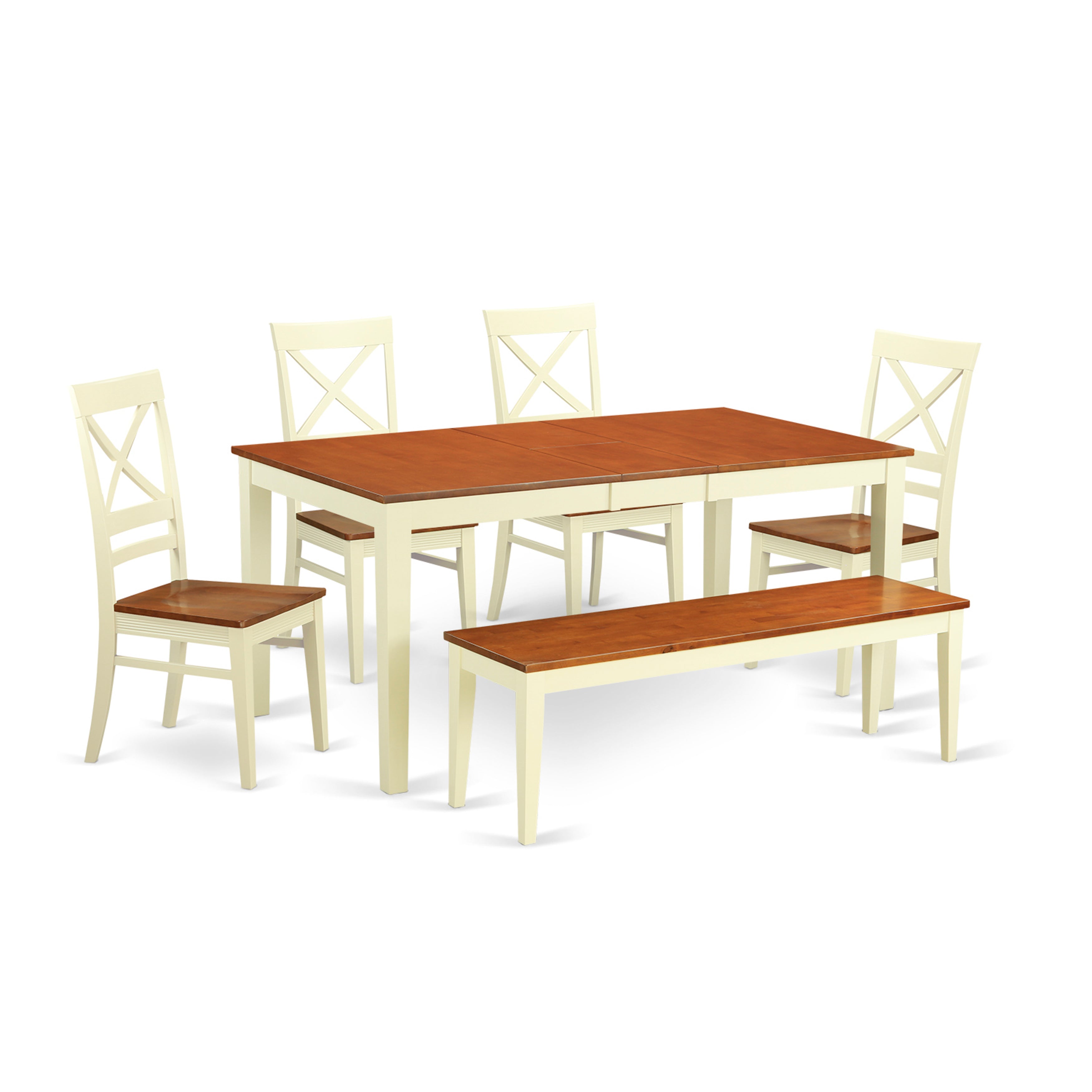 El juego de mesa de cocina de 6 piezas NIQU6-WHI-W de East West Furniture contiene una mesa de comedor rectangular con hojas de mariposa y 4 sillas de comedor con un banco.