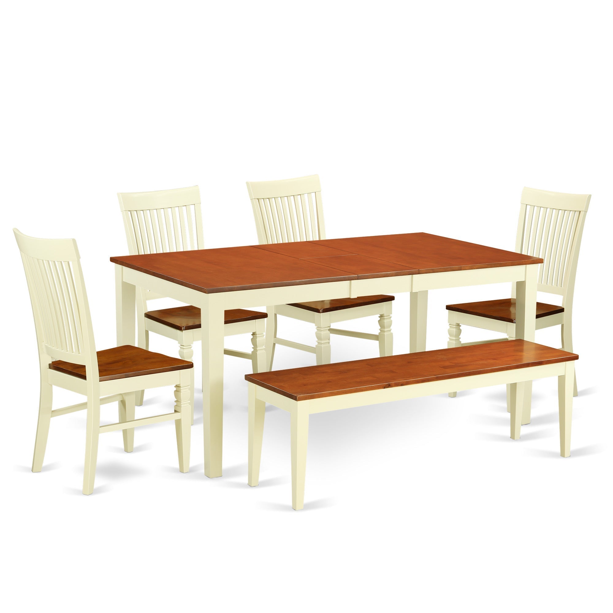 Juego de mesa de cocina de 6 piezas East West Furniture NIWE6-BMK-W. Contiene una mesa de comedor rectangular con hojas de mariposa y 4 sillas de comedor con un banco.