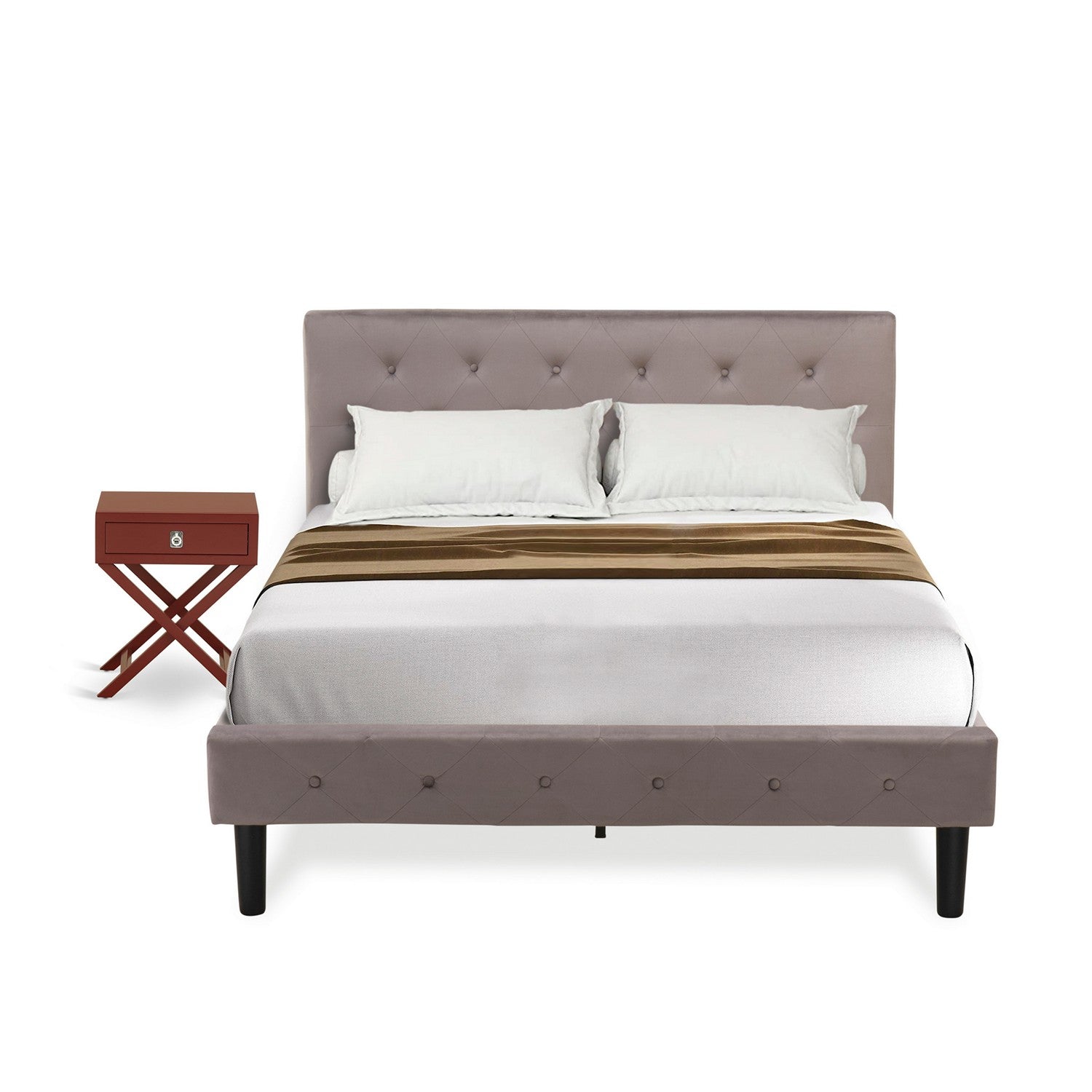 Juego de cama completo de 2 piezas East West Furniture NL14F-1HA13: estructura de cama con plataforma capitoné, cabecera tapizada en terciopelo marrón topo y mesita de noche con acabado burdeos.