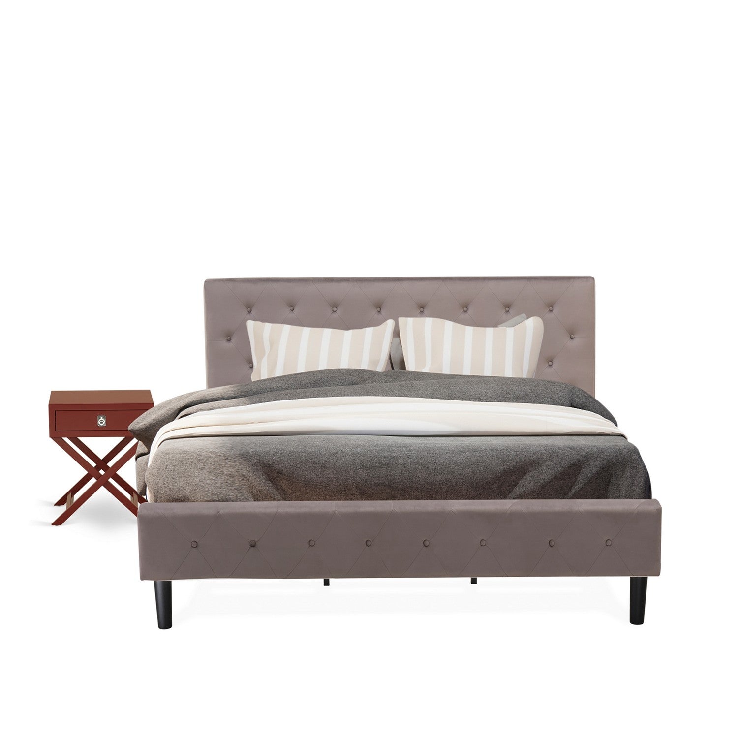 Juego de cama tamaño king de 2 piezas East West Furniture NL14K-1HA13 con estructura capitoné, cabecera tapizada en terciopelo marrón topo y mesita de noche con acabado burdeos.