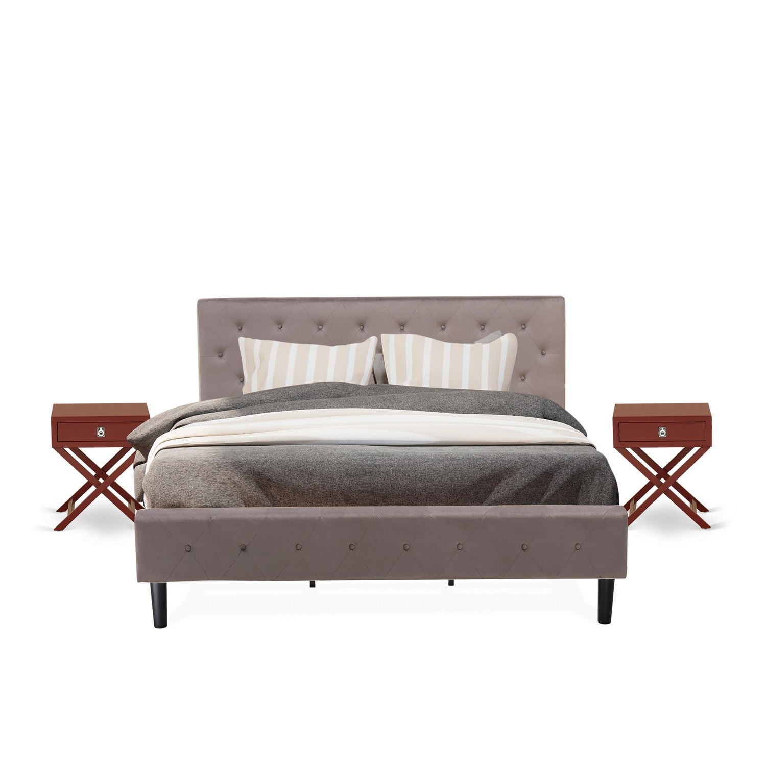 NL14K-2HA13 3 Piece Modern Bedroom Set - King Size Button Tufted Bed Frame - Brown Taupe Velvet Fabric Upholstered Headboard and a Burgundy Finish Nightstand