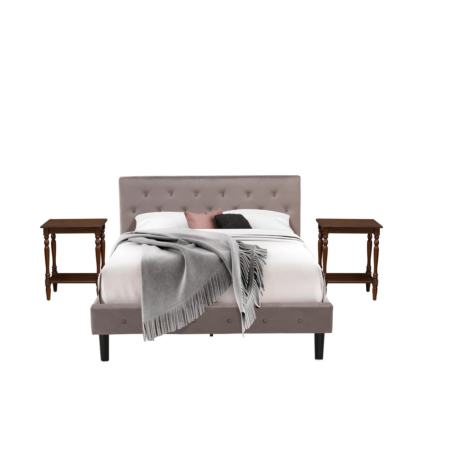 East West Furniture NL14Q-2BF0M 3 Piece Queen Size Bed Set - Button Tufted Bed Frame - Brown Taupe Velvet Upholstered Headboard and an Antique Mahogany Finish Nightstand