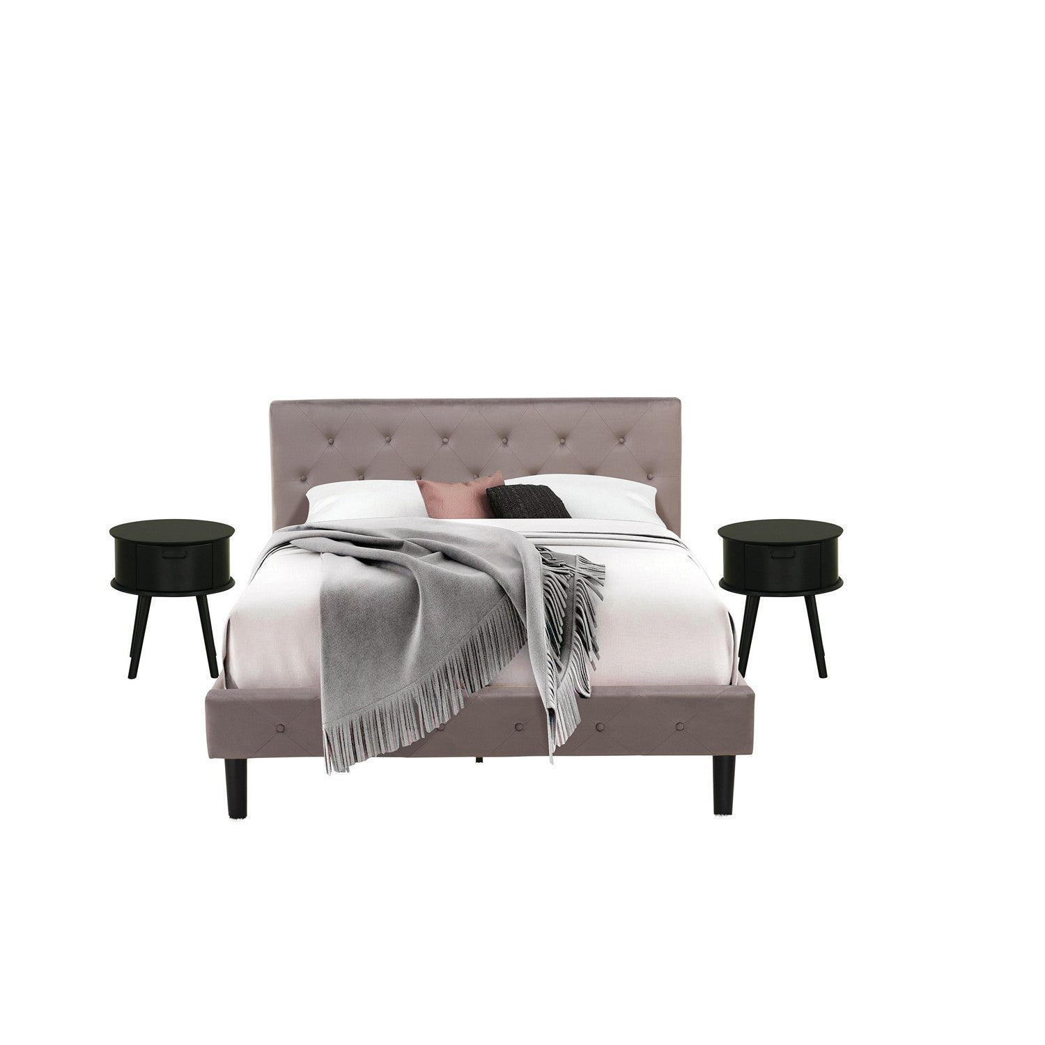 Juego de dormitorio de 3 piezas East West Furniture NL14Q-2GO11: cama tamaño queen con botones, cabecera tapizada en terciopelo marrón topo y mesita de noche con acabado negro.
