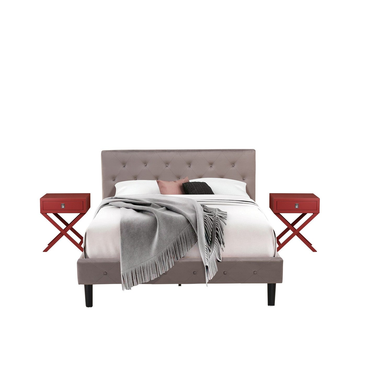 Juego de cama de 3 piezas East West Furniture NL14Q-2HA13 con estructura tamaño queen con botones, cabecera tapizada en terciopelo marrón topo y mesita de noche con acabado burdeos.