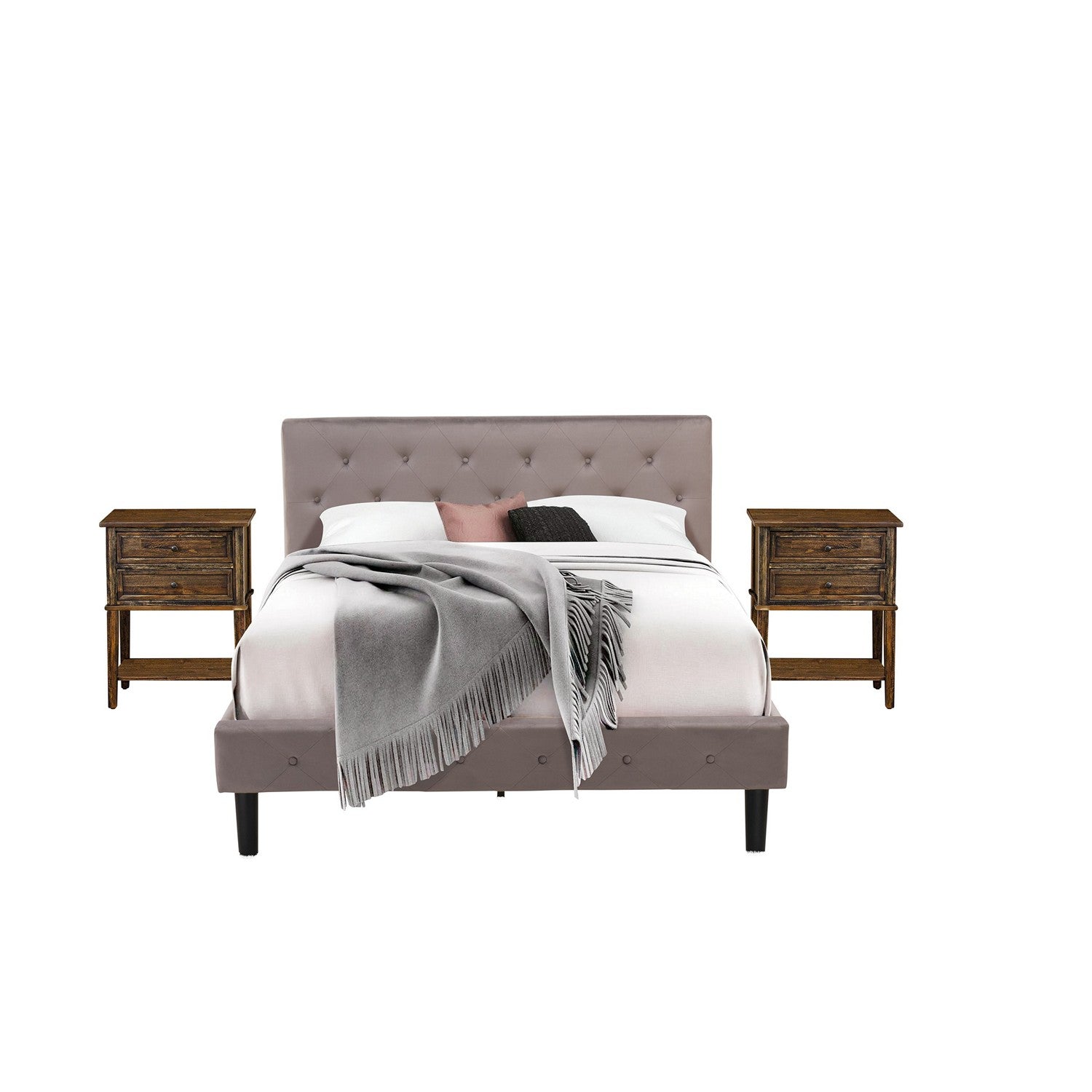 East West Furniture NL14Q-2VL07 3 Pc Bed Set - Queen Size Button Tufted Bed - Brown Taupe Velvet Fabric Upholstered Headboard and a Distressed Jacobean Finish Nightstand