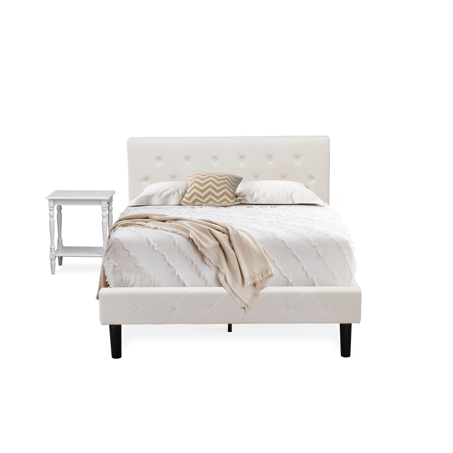 Juego de dormitorio de 2 piezas East West Furniture NL19F-1BF14: cama matrimonial con capitoné, cabecera tapizada en terciopelo blanco y mesita de noche con acabado gris urbano.