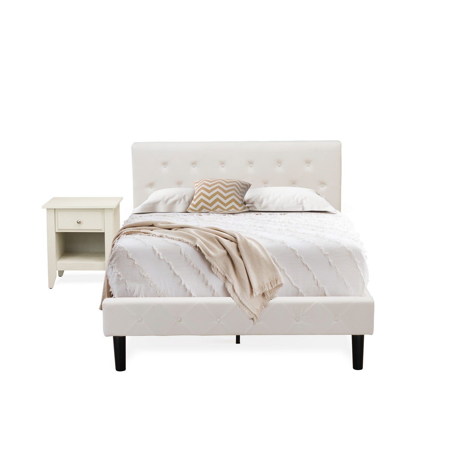 Juego de dormitorio de 2 piezas tamaño matrimonial East West Furniture NL19F-1GA0C: estructura de cama con botones capitoné, cabecera tapizada en tela de terciopelo blanco y mesita de noche con acabado en crema mantequilla cepillado con alambre.