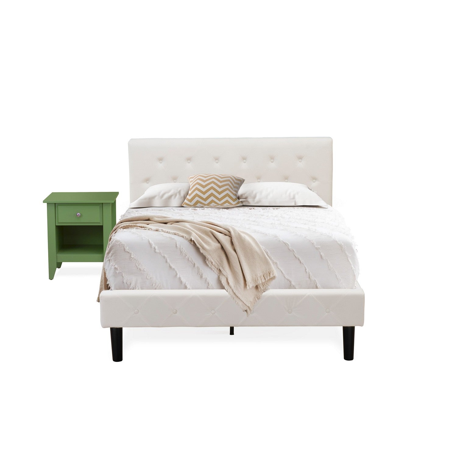 Juego de dormitorio de 2 piezas East West Furniture NL19F-1GA12: cama matrimonial con botones, cabecera tapizada en terciopelo blanco y mesita de noche con acabado verde trébol.