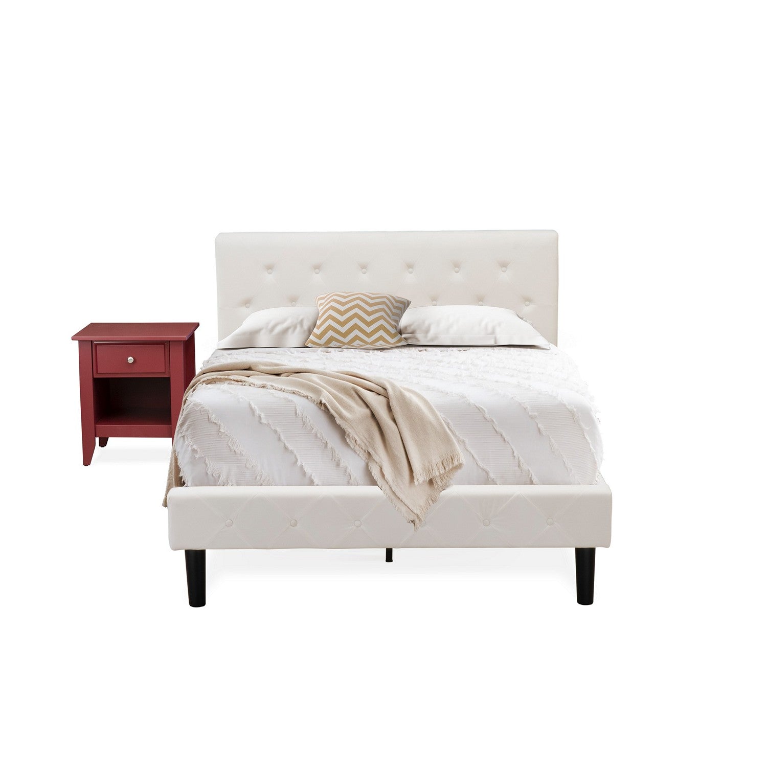 East West Furniture NL19F-1GA13 2 Piece Full Size Bed Set - Button Tufted Platform Bed Frame - Linen white Velvet Fabric Upholstered Headboard and a Burgundy Finish Nightstand