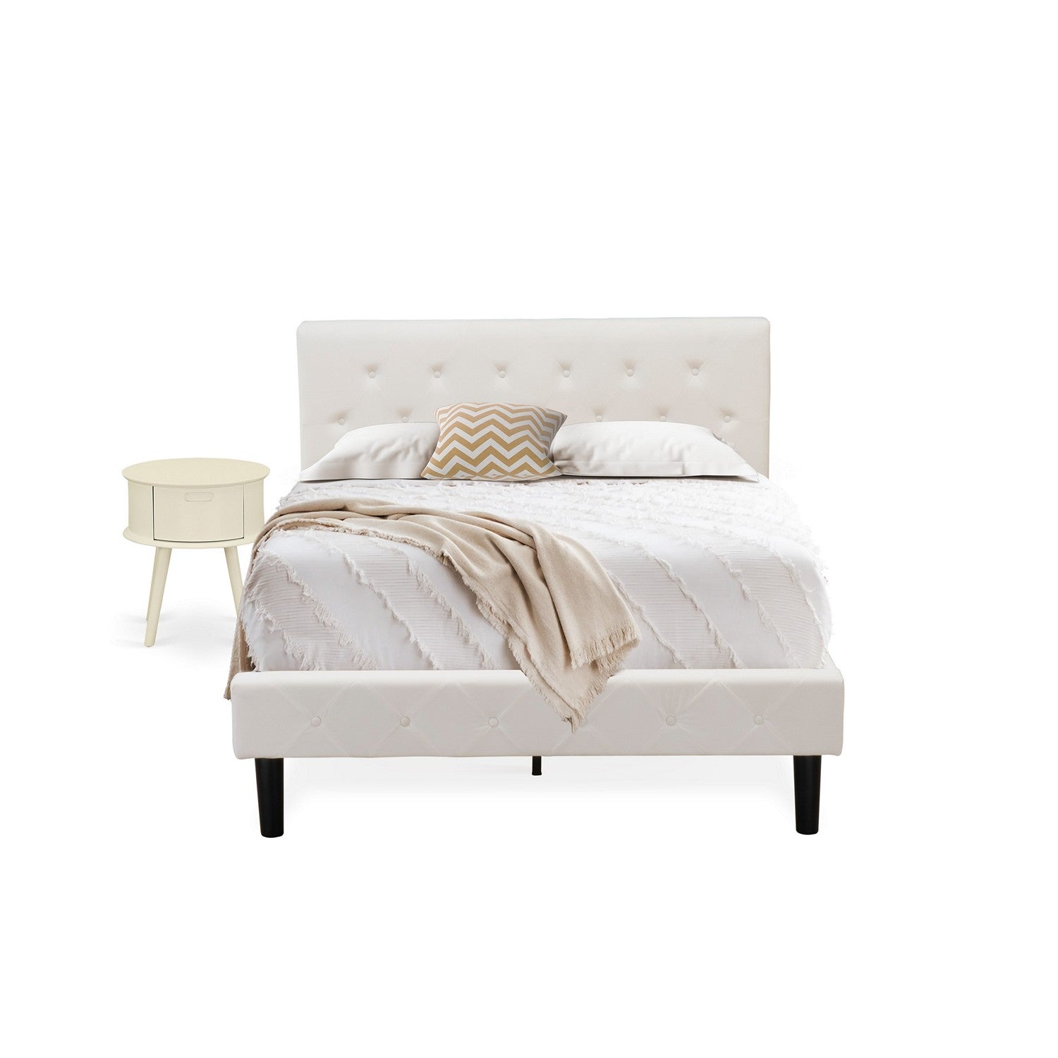 East West Furniture NL19F-1GO05 2 Piece Bedroom Set - Full Size Button Tufted Bed Frame - Linen white Velvet Fabric Upholstered Headboard and a Linen white Finish Nightstand