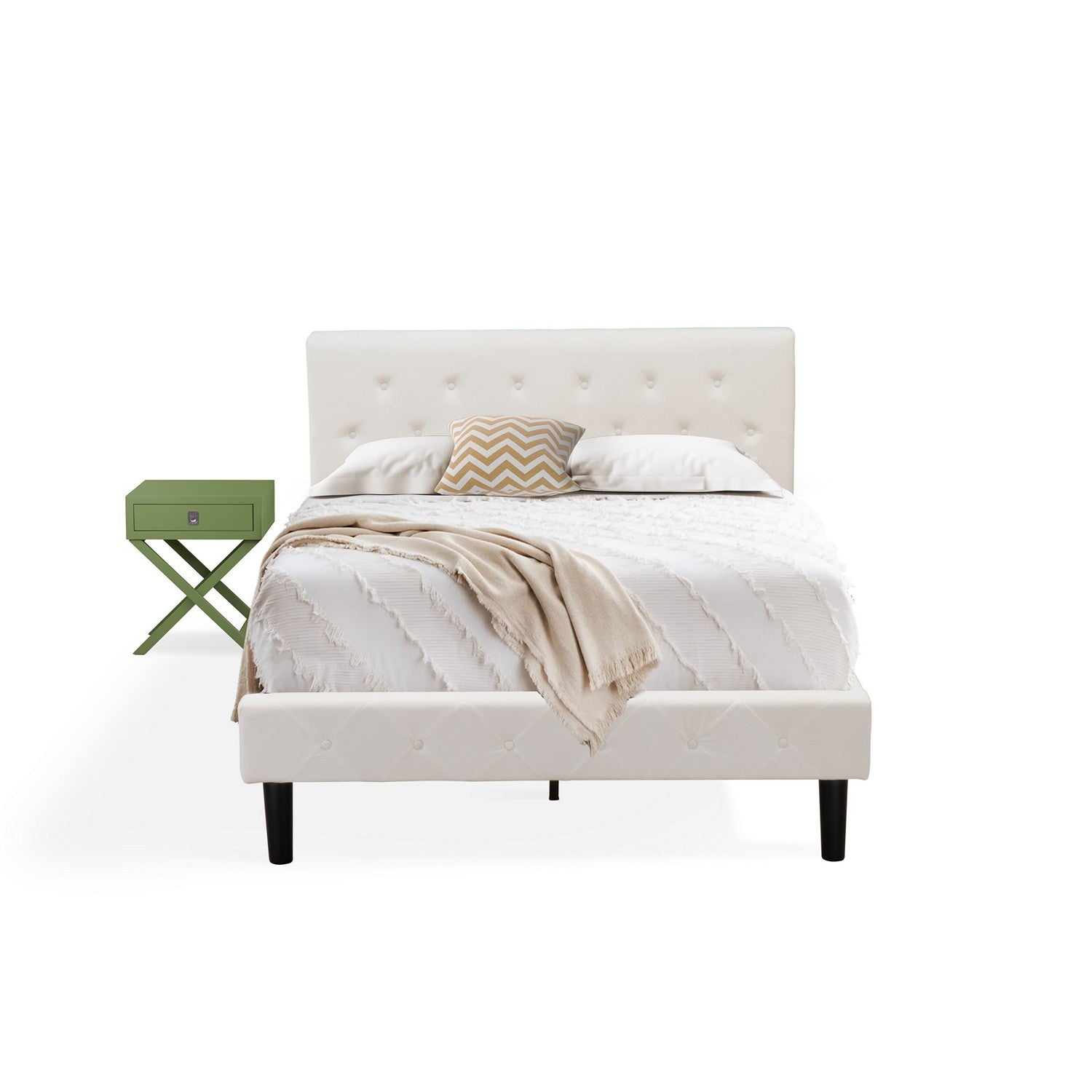 East West Furniture NL19F-1HA12 2 Piece Bedroom Set - Full Size Button Tufted Bed Frame - Linen white Velvet Fabric Upholstered Headboard and a Clover Green Finish Nightstand