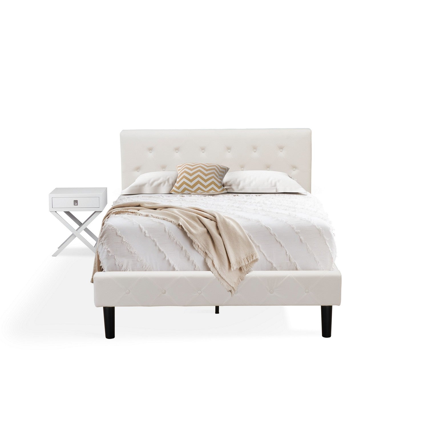 East West Furniture NL19F-1HA14 2 Piece Bedroom Set - Full Size Button Tufted Platform Bed Frame - Linen white Velvet Fabric Upholstered Headboard and an Urban Gray Finish Nightstand