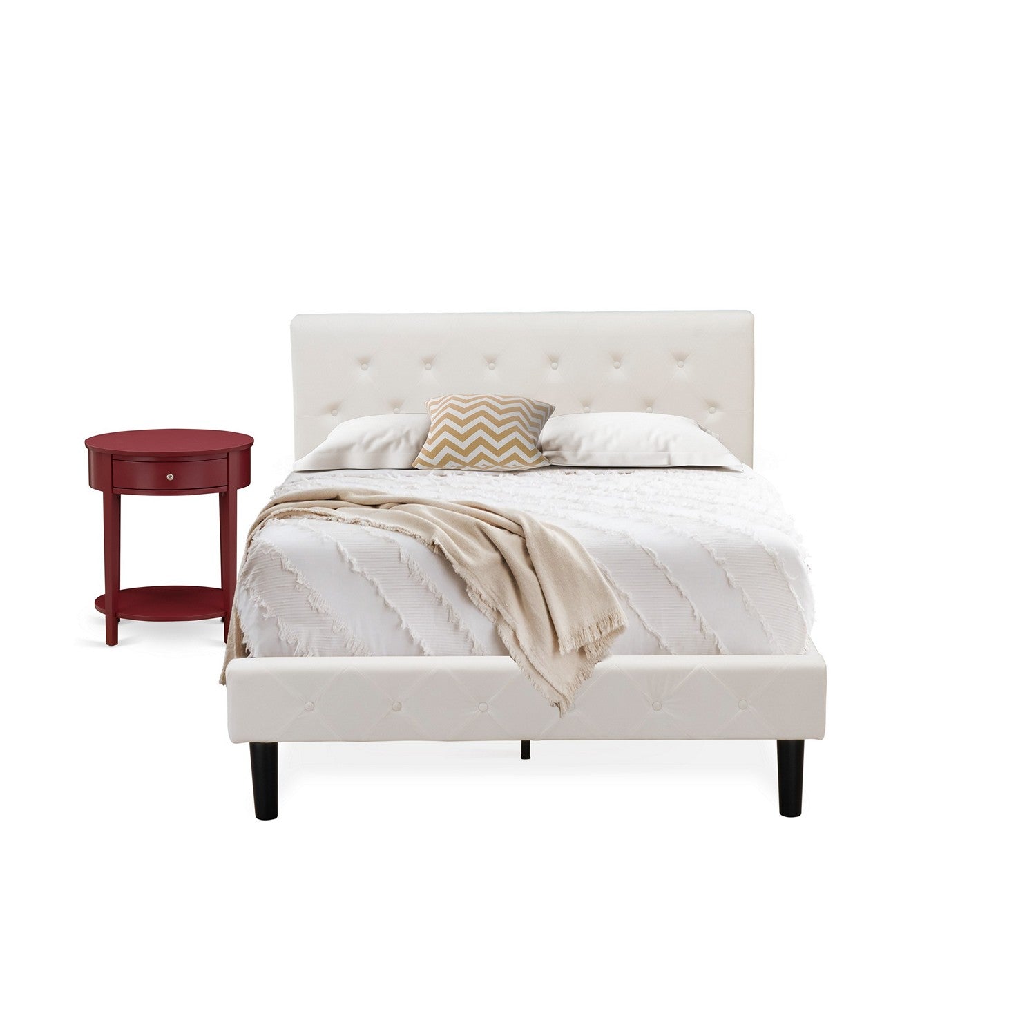 Juego de dormitorio de 2 piezas East West Furniture NL19F-1HI13: cama matrimonial con botones, cabecera tapizada en terciopelo blanco y mesita de noche con acabado burdeos.