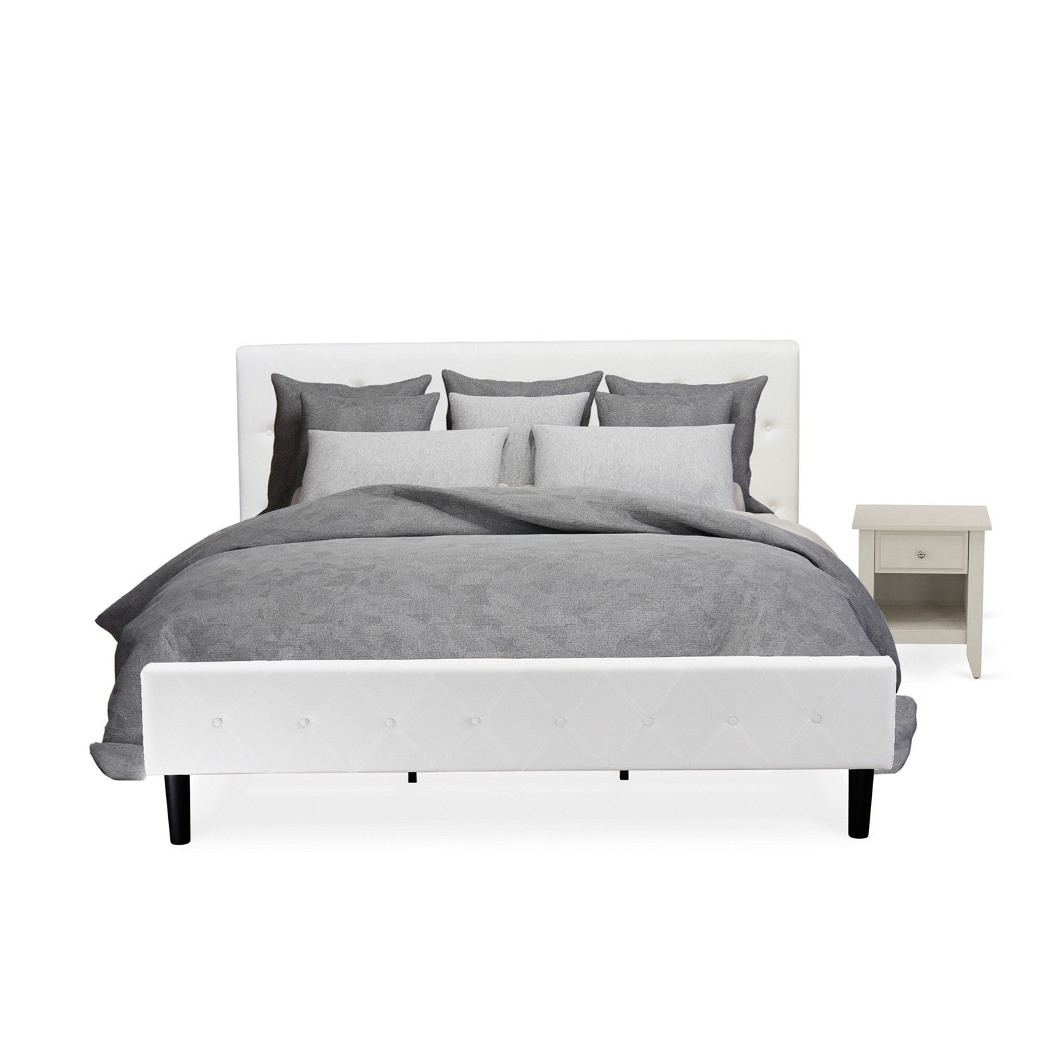 East West Furniture NL19K-1GA0C 2 Piece Bedroom Set - Button Tufted Bed Frame - Linen white Velvet Fabric Upholstered Headboard and a Wire Brushed Butter Cream Finish Nightstand
