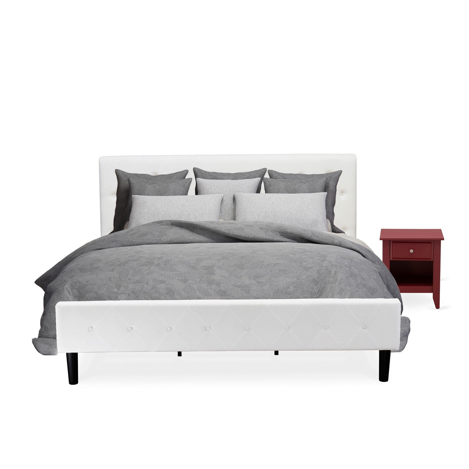 East West Furniture NL19K-1GA13 2 Piece King Size Bedroom Set - Button Tufted Wooden Bed Frame - Linen white Velvet Fabric Upholstered Headboard and a Burgundy Finish Nightstand