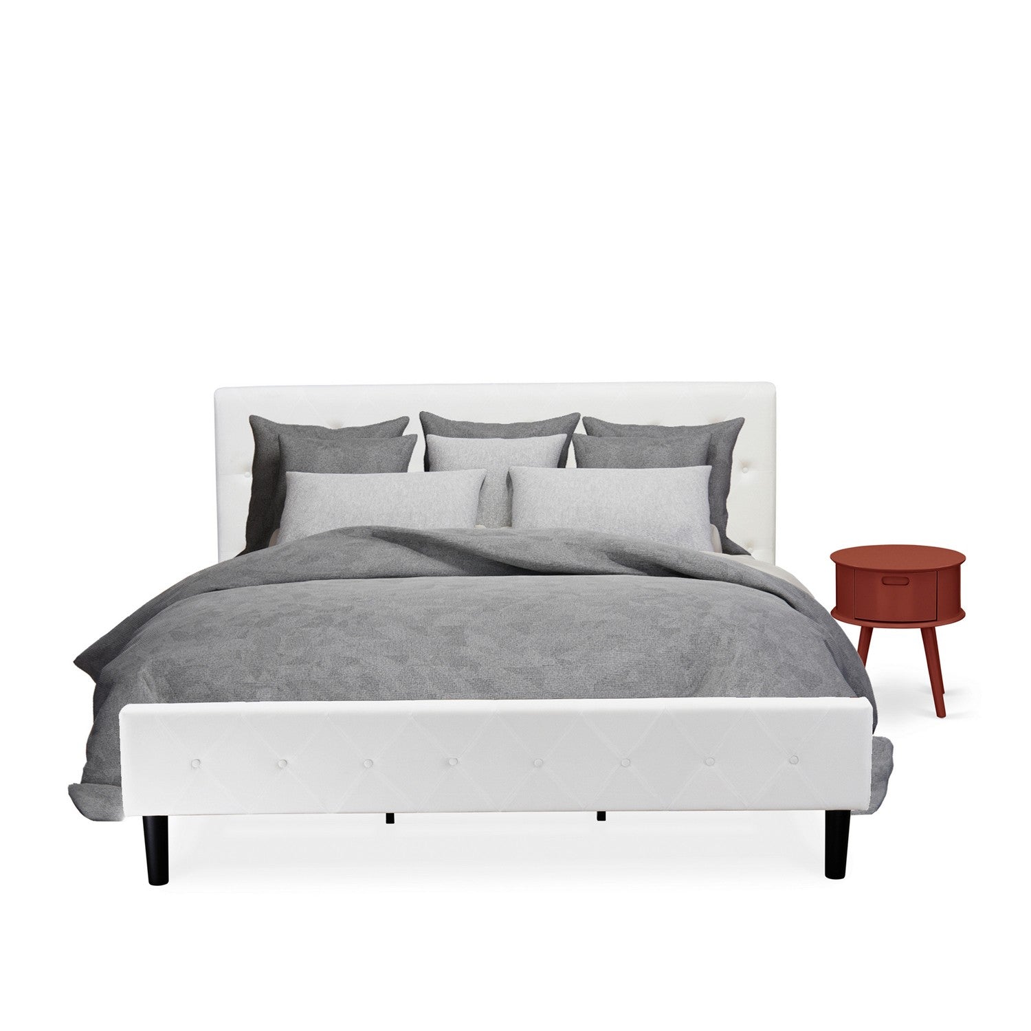 Juego de cama de 2 piezas East West Furniture NL19K-1GO13: estructura de cama de madera con botones capitoné, cabecera tapizada en terciopelo blanco y mesita de noche con acabado burdeos.