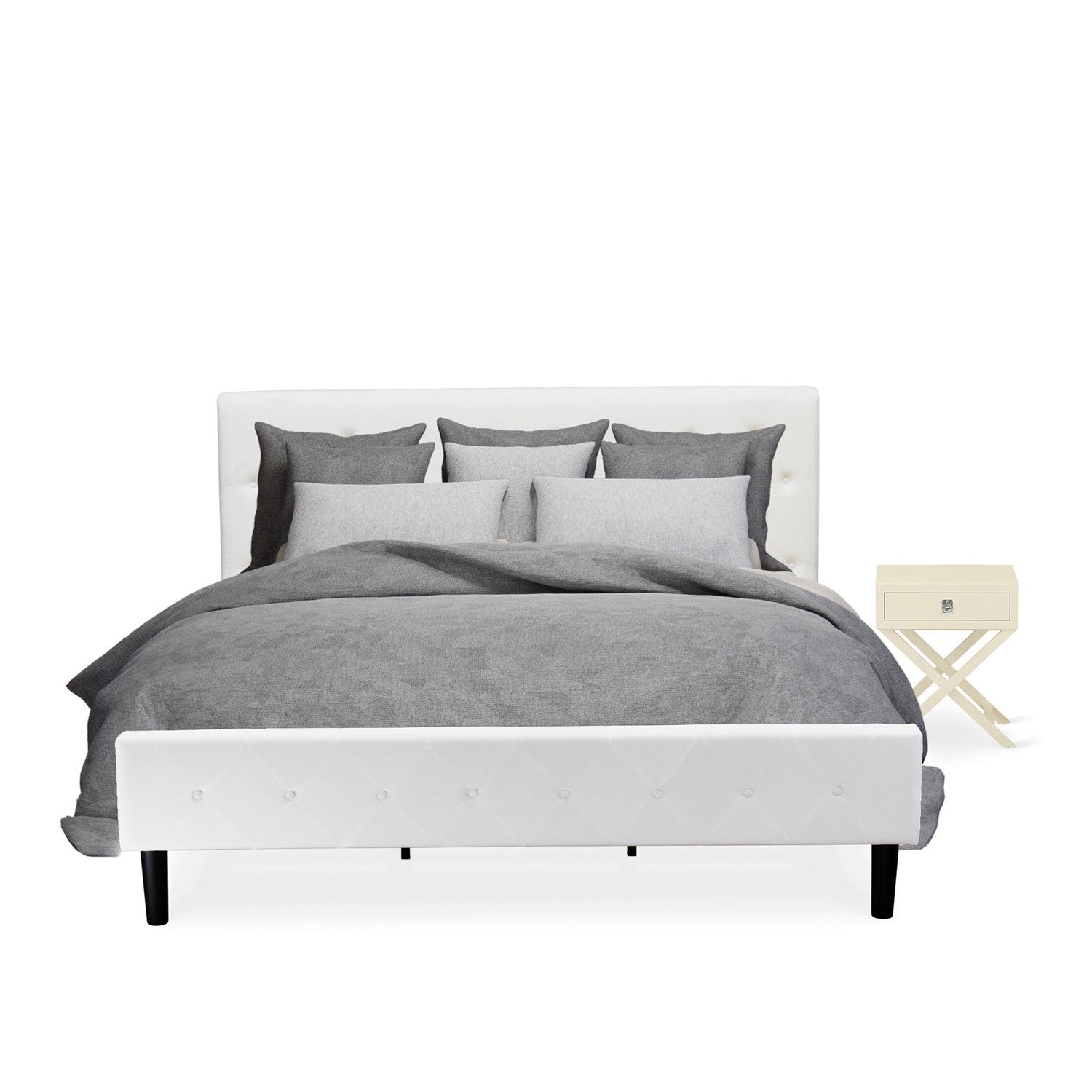 Juego de dormitorio de 2 piezas East West Furniture NL19K-1HA05: estructura de cama con botones capitoné, cabecera tapizada en terciopelo blanco y mesita de noche con acabado blanco.