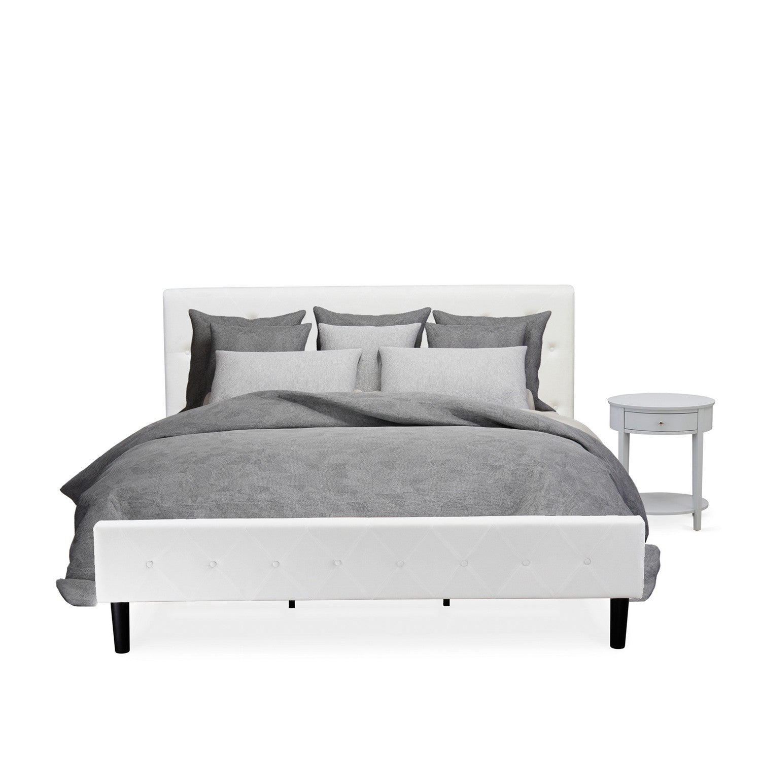 East West Furniture NL19K-1HI14 2 Piece Bedroom Set - King Size Button Tufted Bed - Linen white Velvet Fabric Upholstered Headboard and an Urban Gray Finish Nightstand