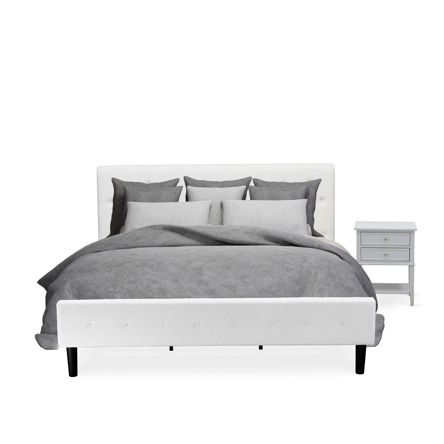 Juego de dormitorio de 2 piezas NL19K-1VL14: cama tamaño king con botones, cabecera tapizada en tela de terciopelo blanco y mesita de noche con acabado gris urbano.