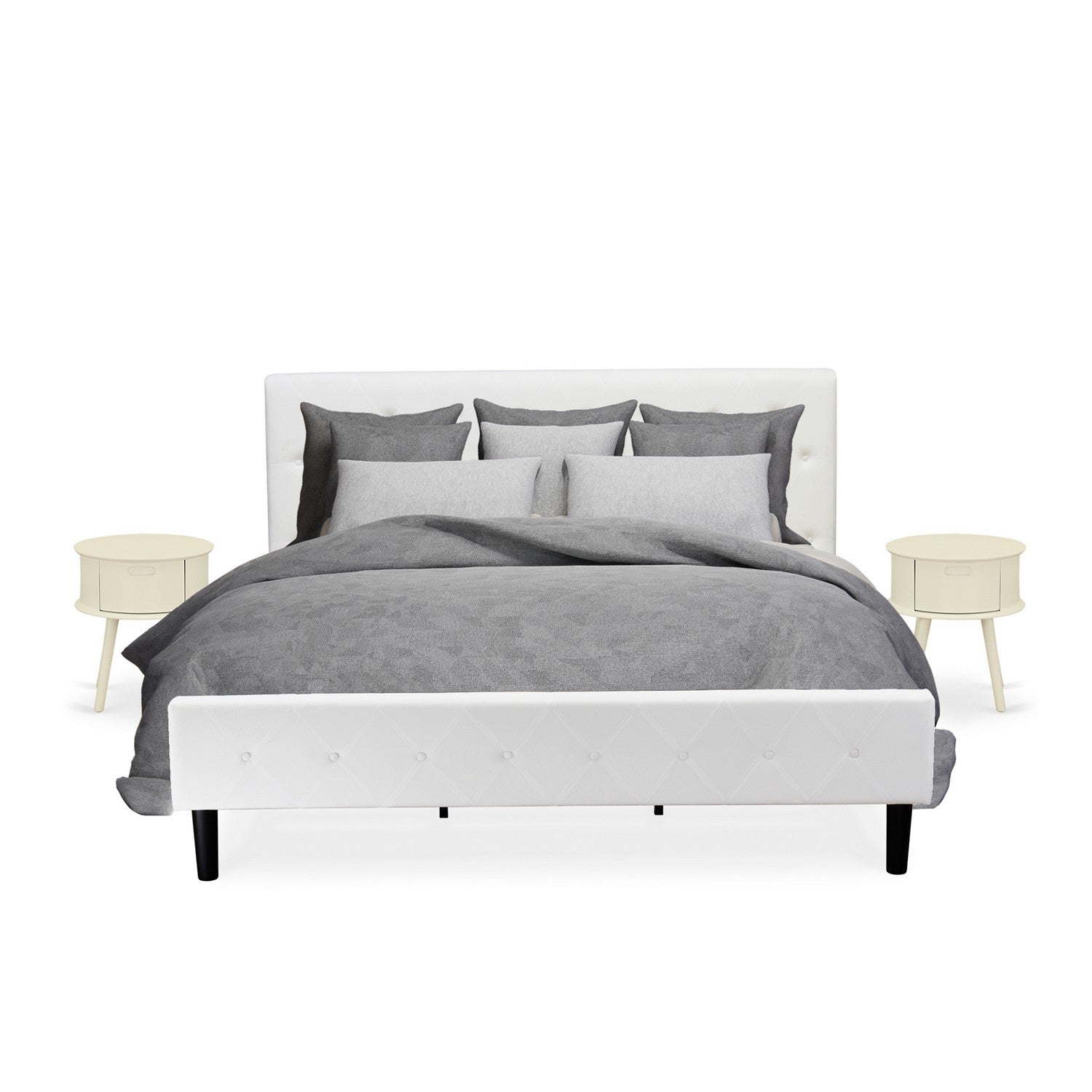 Juego de cama de 3 piezas East West Furniture NL19K-2GO05: estructura de cama capitoné tamaño king con botones, cabecera tapizada en terciopelo blanco y mesita de noche con acabado blanco.