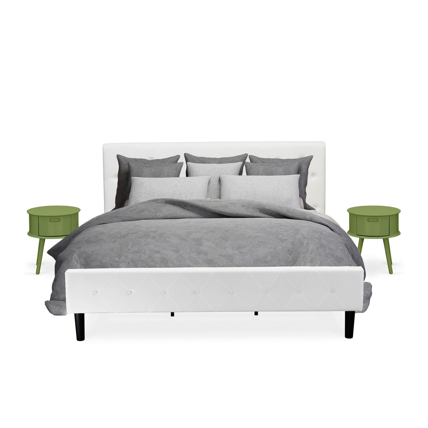 Juego de dormitorio tamaño king de 3 piezas East West Furniture NL19K-2GO12: estructura de cama con botones capitoné, cabecera tapizada en tela de terciopelo blanco y mesita de noche con acabado verde trébol.