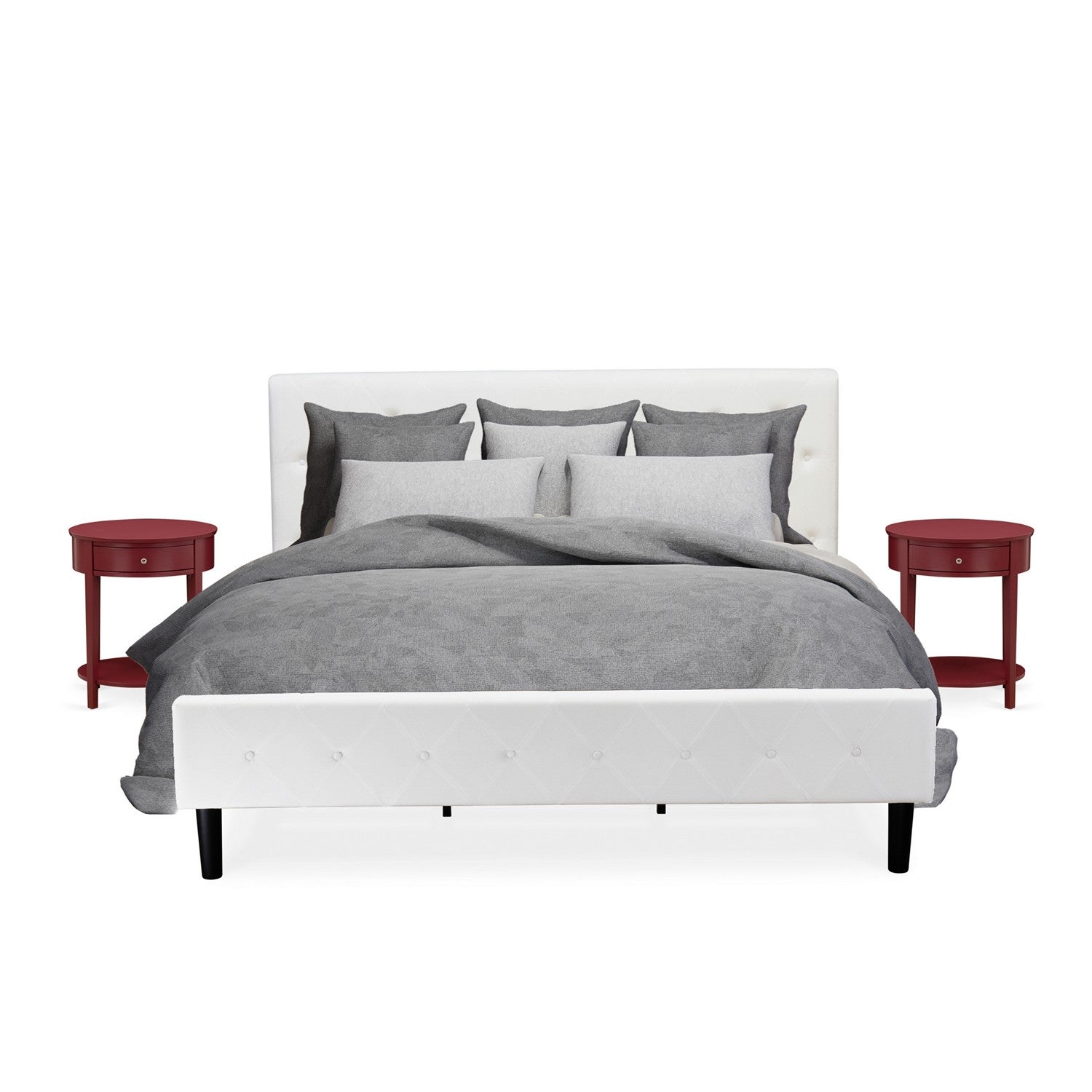 Juego de dormitorio tamaño king de 3 piezas East West Furniture NL19K-2HI13: cama con plataforma capitoné con botones, cabecera tapizada en tela de terciopelo blanco y mesita de noche con acabado burdeos.