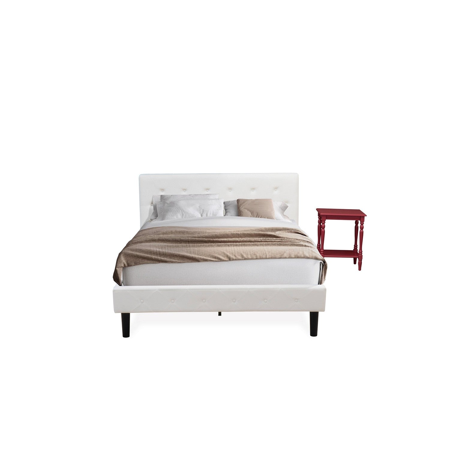 East West Furniture NL19Q-1BF13 2 Piece Queen Size Bedroom Set - Button Tufted Bed Frame - Linen white Velvet Fabric Upholstered Headboard and a Burgundy Finish Nightstand