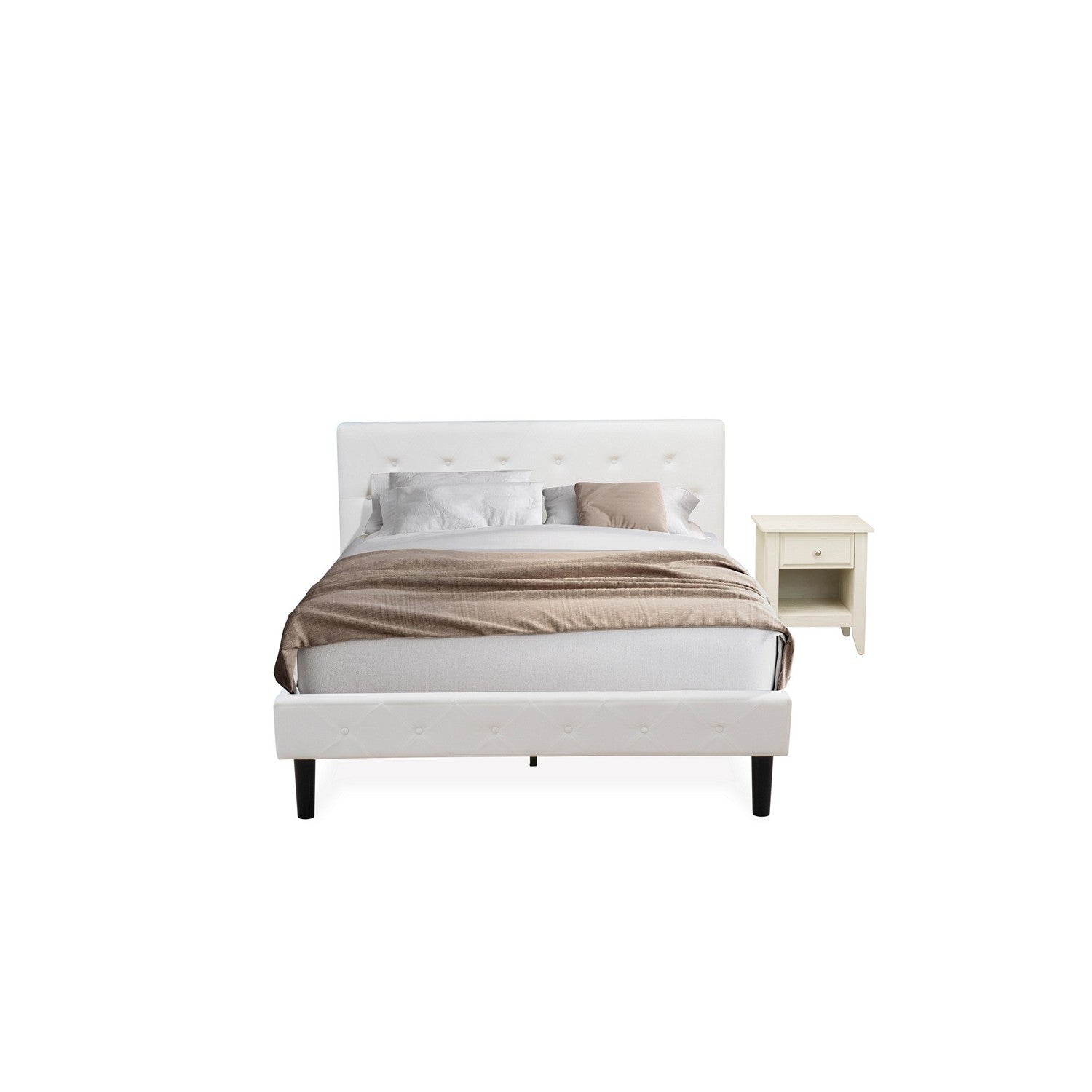 East West Furniture NL19Q-1GA0C 2 Piece Bed Set - Button Tufted Bed Frame - Linen white Velvet Fabric Upholstered Headboard and a Wire Brushed Butter Cream Finish Nightstand
