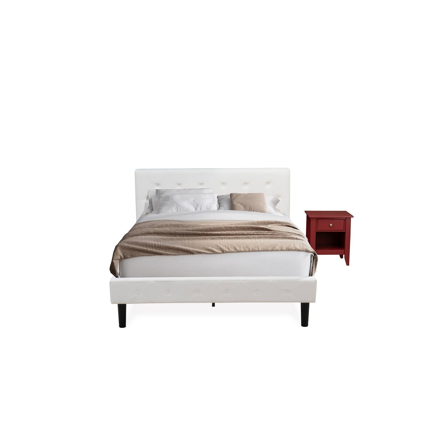 East West Furniture NL19Q-1GA13 2 Piece Queen Bedroom Set - Button Tufted Wooden Bed Frame - Linen white Velvet Fabric Upholstered Headboard and a Burgundy Finish Nightstand