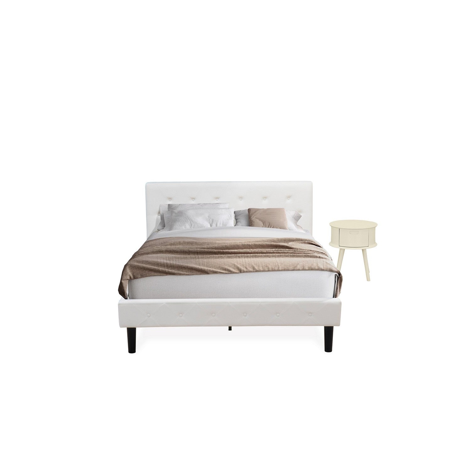 East West Furniture NL19Q-1GO05 2 Piece Queen Size Bed Set - Button Tufted Bed frame - Linen white Velvet Fabric Upholstered Headboard and a Linen white Finish Nightstand