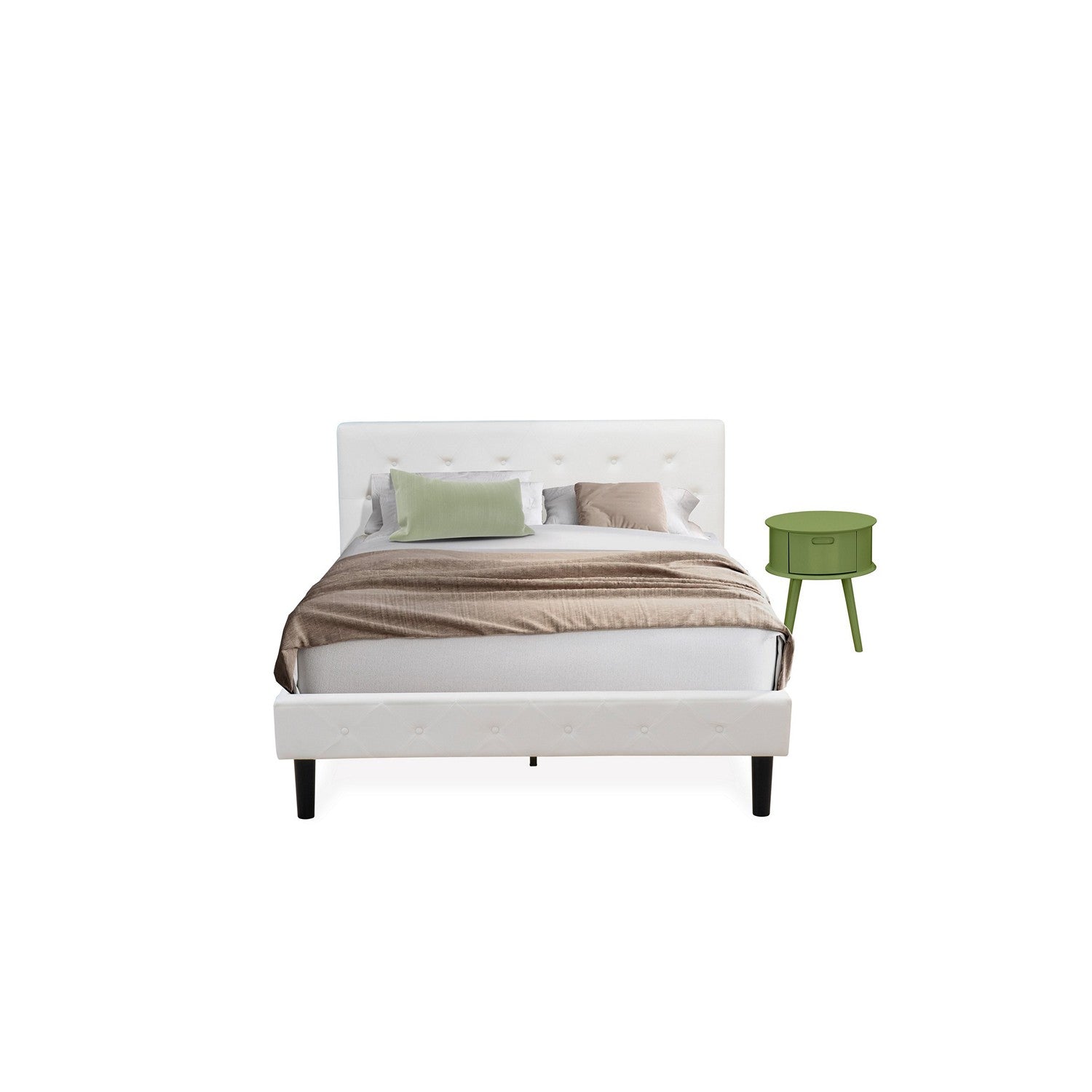East West Furniture NL19Q-1GO12 2 Piece Bed Set - Button Tufted Queen Size Bed Frame - Linen white Velvet Fabric Upholstered Headboard and a Clover Green Finish Nightstand