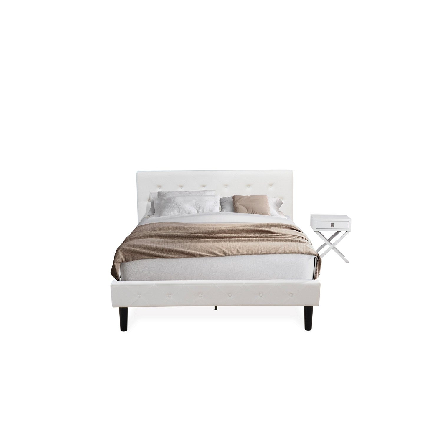 East West Furniture NL19Q-1HA05 2 Piece Modern Bedroom Set - Button Tufted Bed Frame - Linen white Velvet Fabric Upholstered Headboard and a Linen white Finish Nightstand