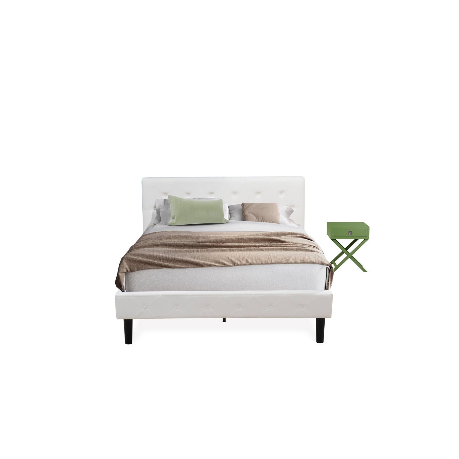 East West Furniture NL19Q-1HA12 2 Piece Bedroom Set - Button tufted Queen Size Bed - Linen white Velvet Fabric Upholstered Headboard and a Clover Green Finish Nightstand