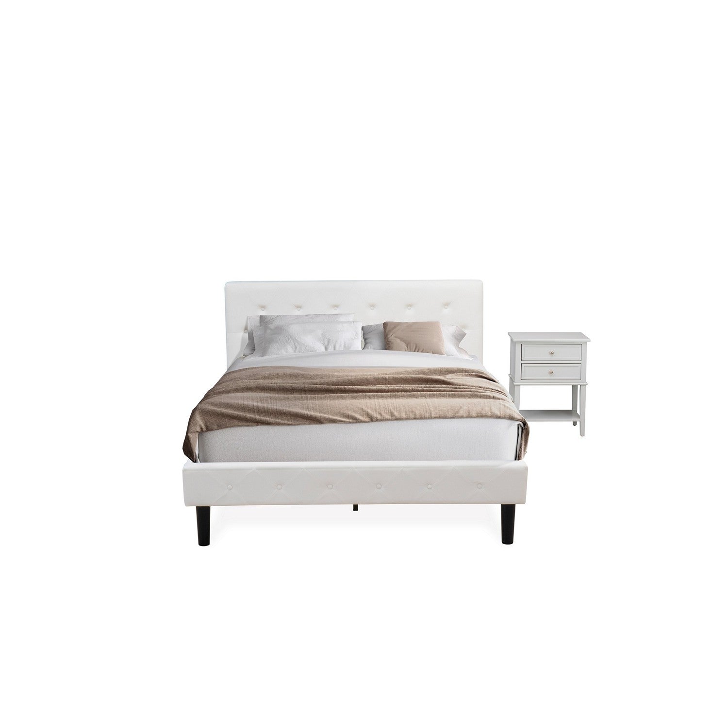 Juego de dormitorio de 2 piezas East West Furniture NL19Q-1VL14: cama tamaño queen con botones, cabecera tapizada en tela de terciopelo blanco y mesita de noche con acabado gris urbano.