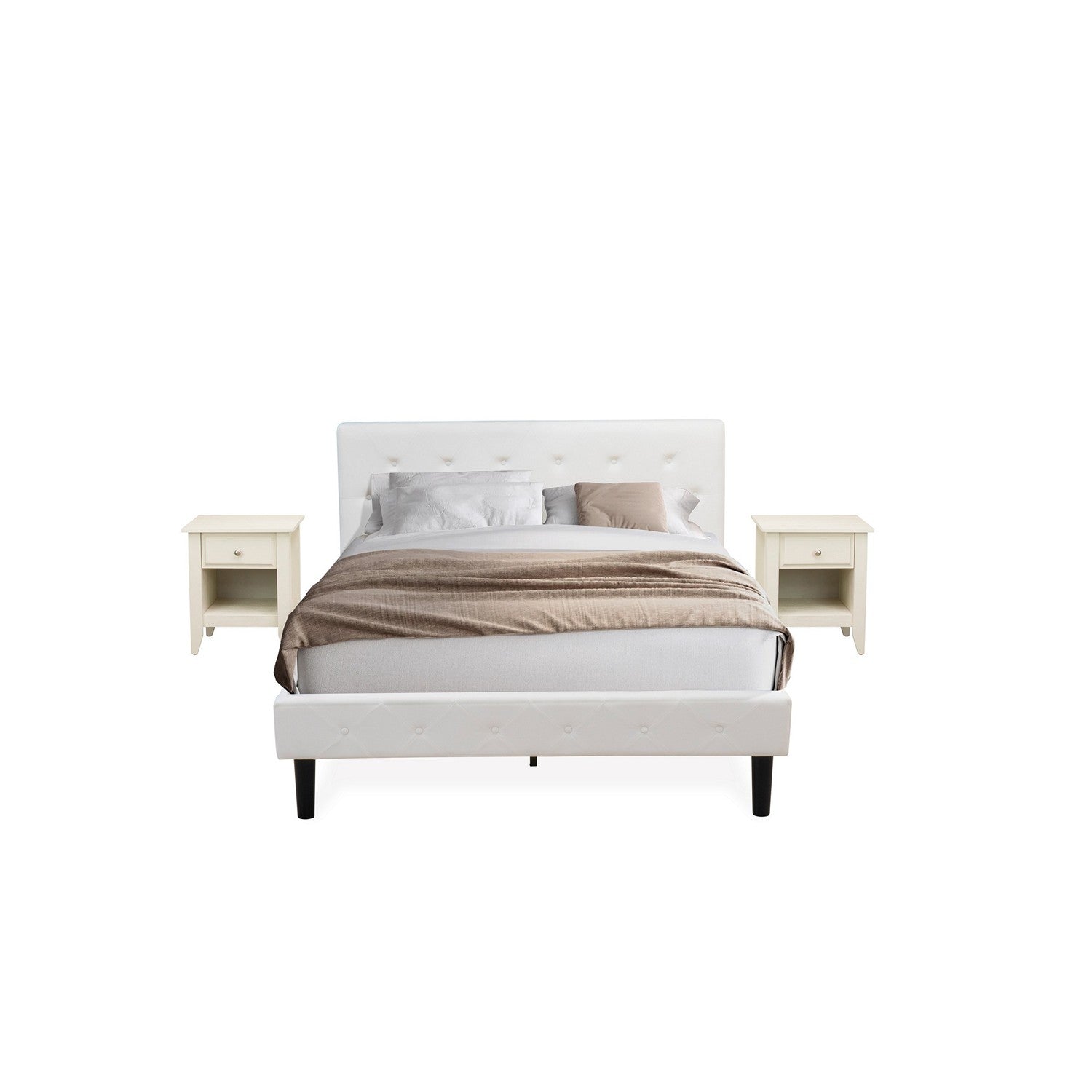 East West Furniture NL19Q-2GA0C 3 Piece Queen Bed Set - Button Tufted Bed frame - Linen white Velvet Fabric Upholstered Headboard and a Wire Brushed Butter Cream Finish Nightstand