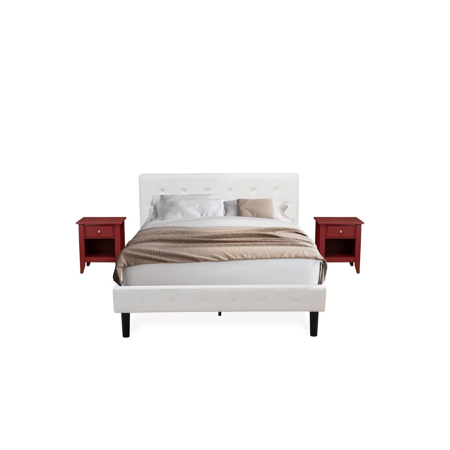 East West Furniture NL19Q-2GA13 3 Piece Queen Bedroom Set - Button Tufted Bed Frame - Linen white Velvet Fabric Upholstered Headboard and a Burgundy Finish Nightstand