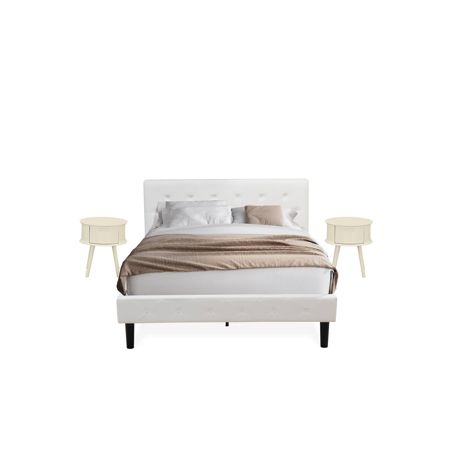 East West Furniture NL19Q-2GO05 3 Piece Queen Bed Set - Button Tufted Bed - Linen white Velvet Fabric Upholstered Headboard and a Linen white Finish Nightstand
