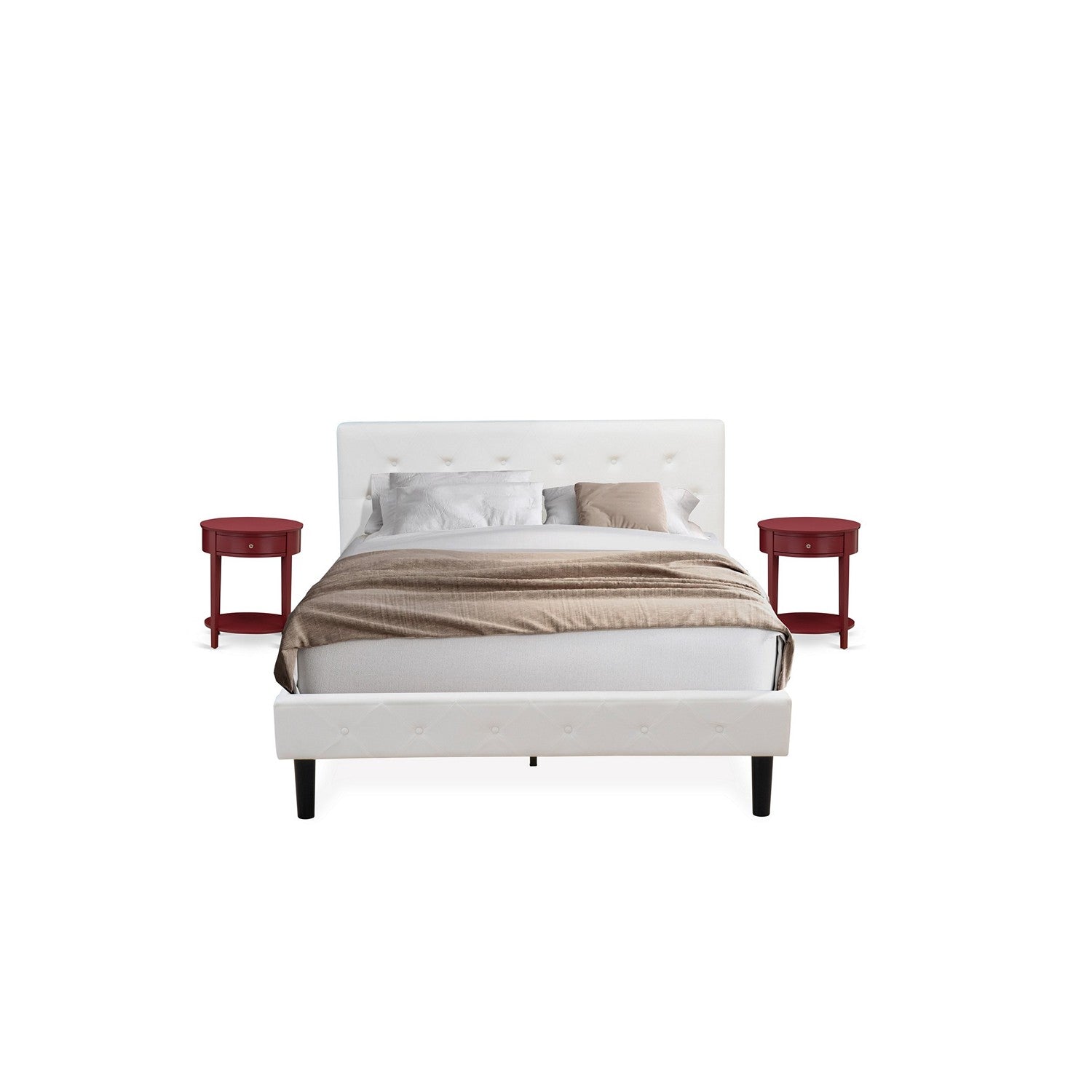 East West Furniture NL19Q-2HI13 3 Piece Bed Set - Button Tufted Bed frame - Linen white Velvet Fabric Upholstered Headboard and a Burgundy Finish Nightstand