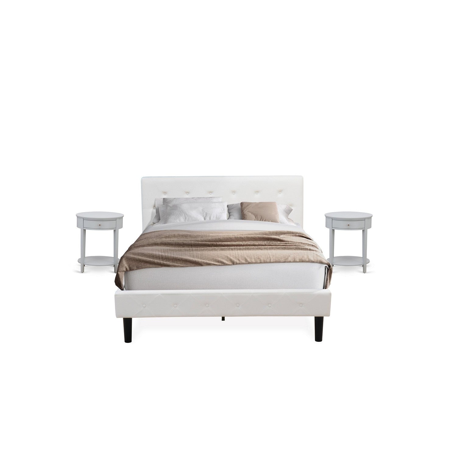 East West Furniture NL19Q-2HI14 3 Piece Bed Set - Button Tufted Platform Bed - Linen white Velvet Fabric Upholstered Headboard and an Urban Gray Finish Nightstand