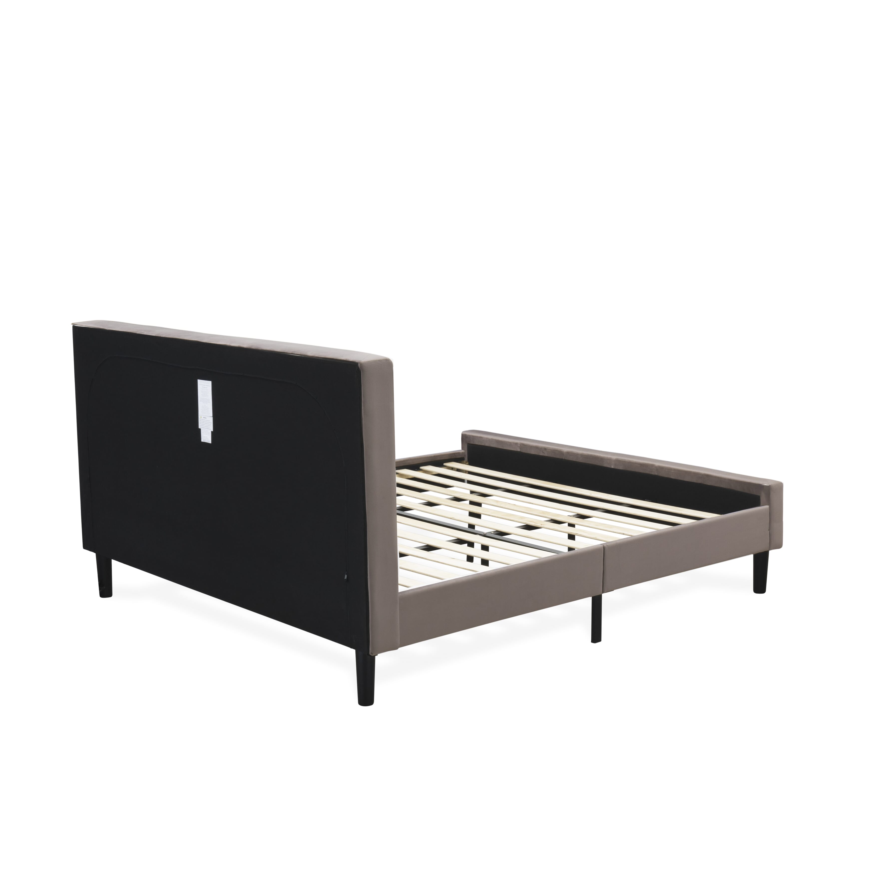 Juego de cama de 2 piezas East West Furniture NL14K-1HI07: estructura de cama tamaño king con botones capitoné, cabecera tapizada en terciopelo marrón topo y mesita de noche con acabado jacobino envejecido.