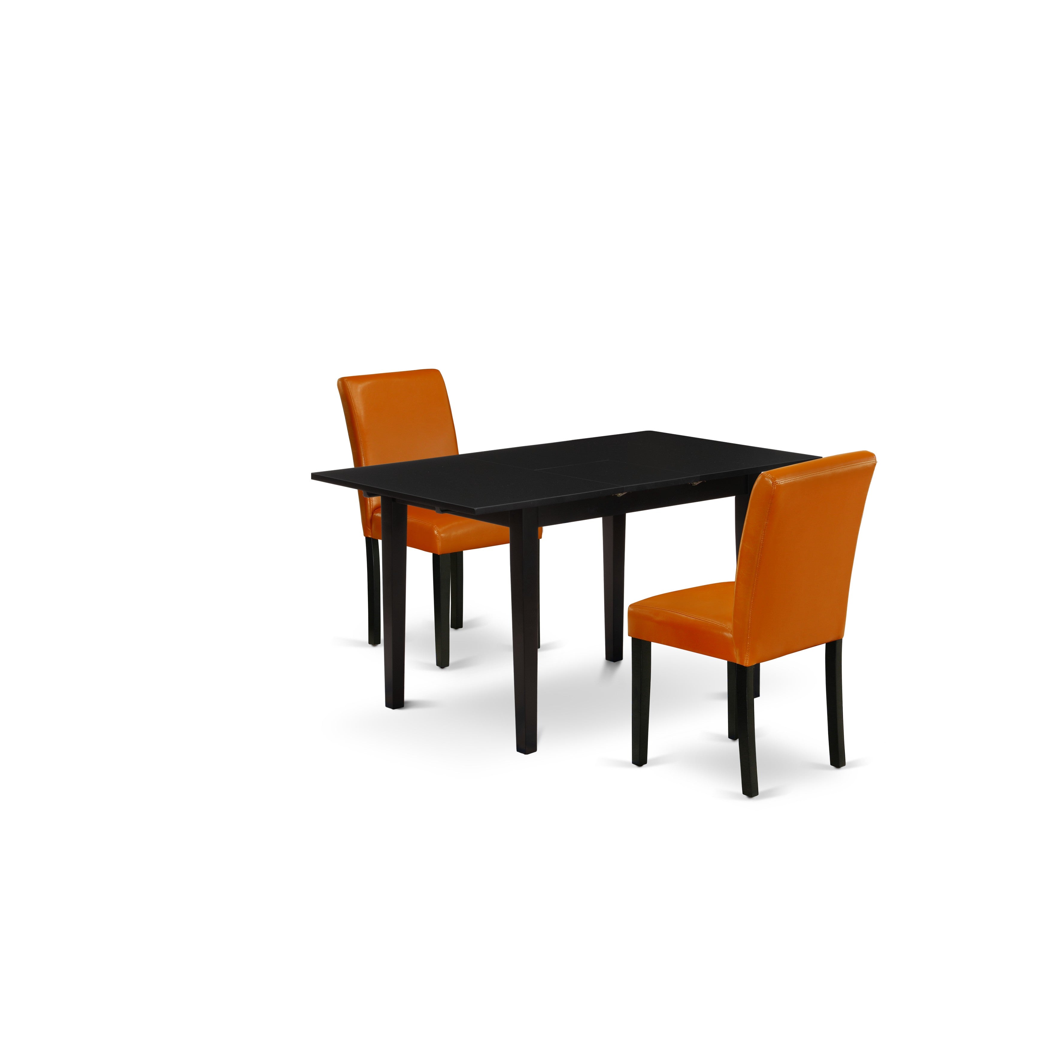 Juego de mesa de comedor de 3 piezas East West Furniture NOAB3-BLK-61. Incluye una mesa de comedor rectangular con diseño de hojas de mariposa y dos sillas Parson de cuero sintético Baked Bean.