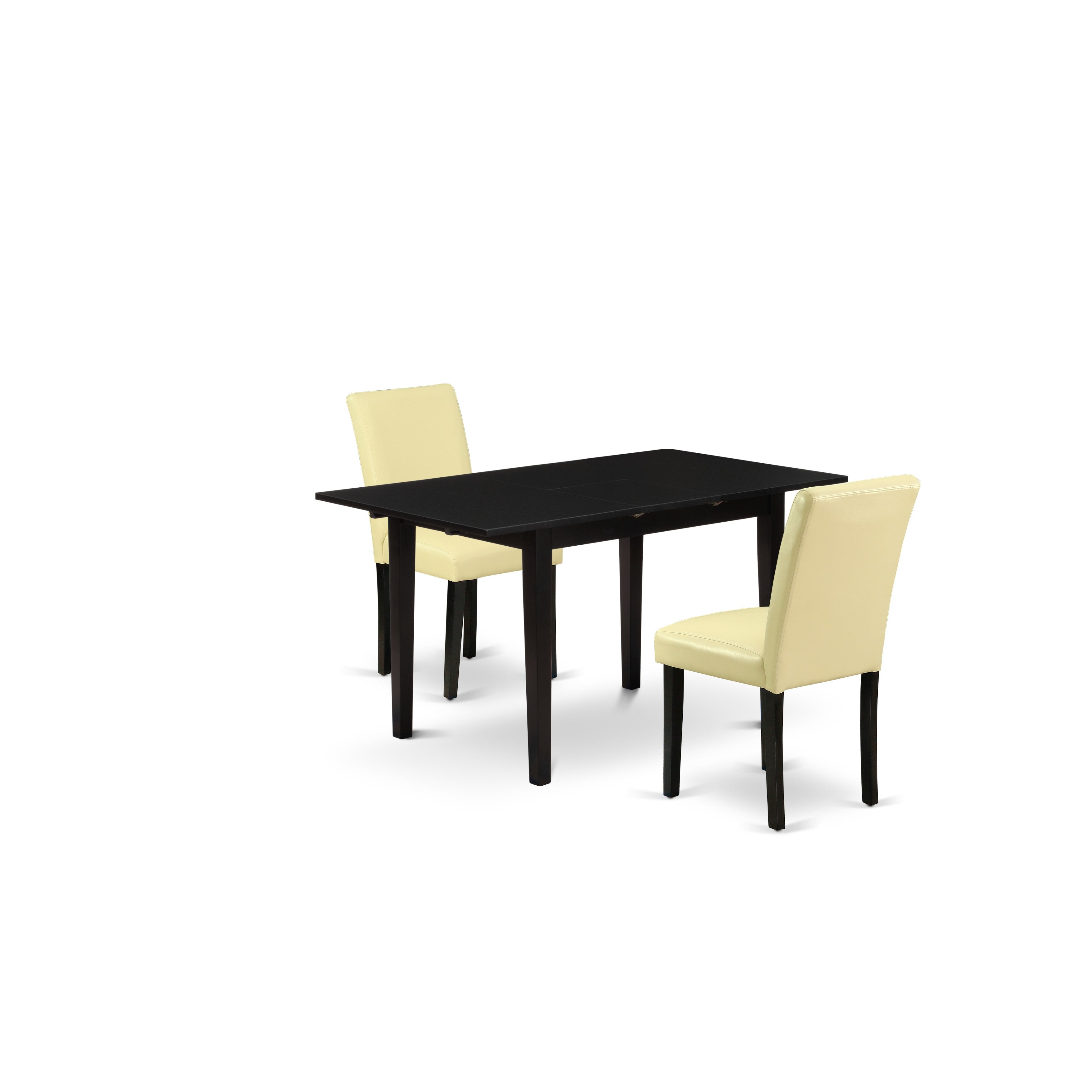 Juego de mesa de comedor de 3 piezas East West Furniture NOAB3-BLK-73. Incluye una mesa de comedor rectangular con diseño de hojas de mariposa y dos sillas Parson de cuero sintético color ponche de huevo.