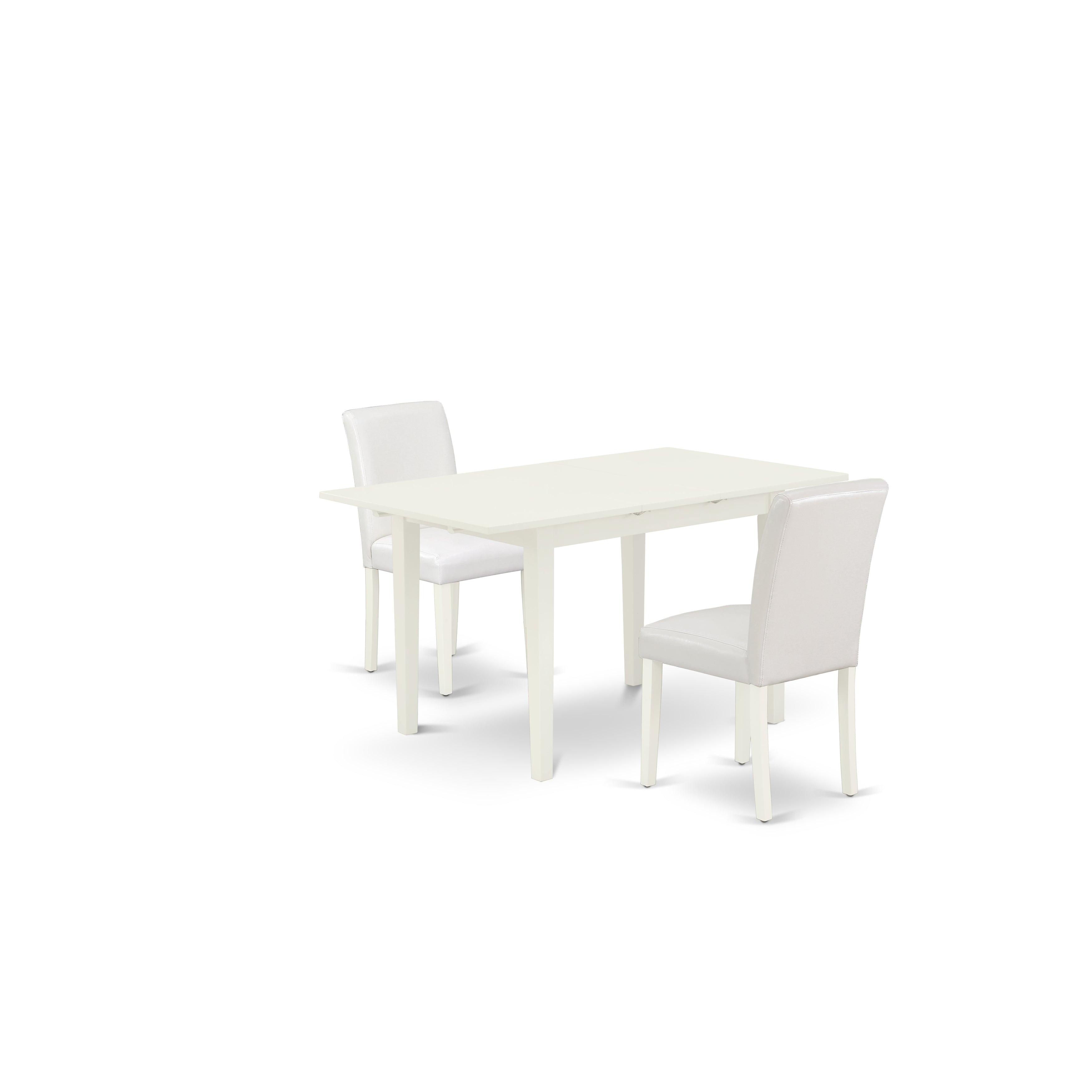 Juego de mesa de cocina de 3 piezas East West Furniture NOAB3-LWH-64. Incluye una mesa de comedor rectangular con diseño de hojas de mariposa y dos sillas de comedor Parson de piel sintética blanca.