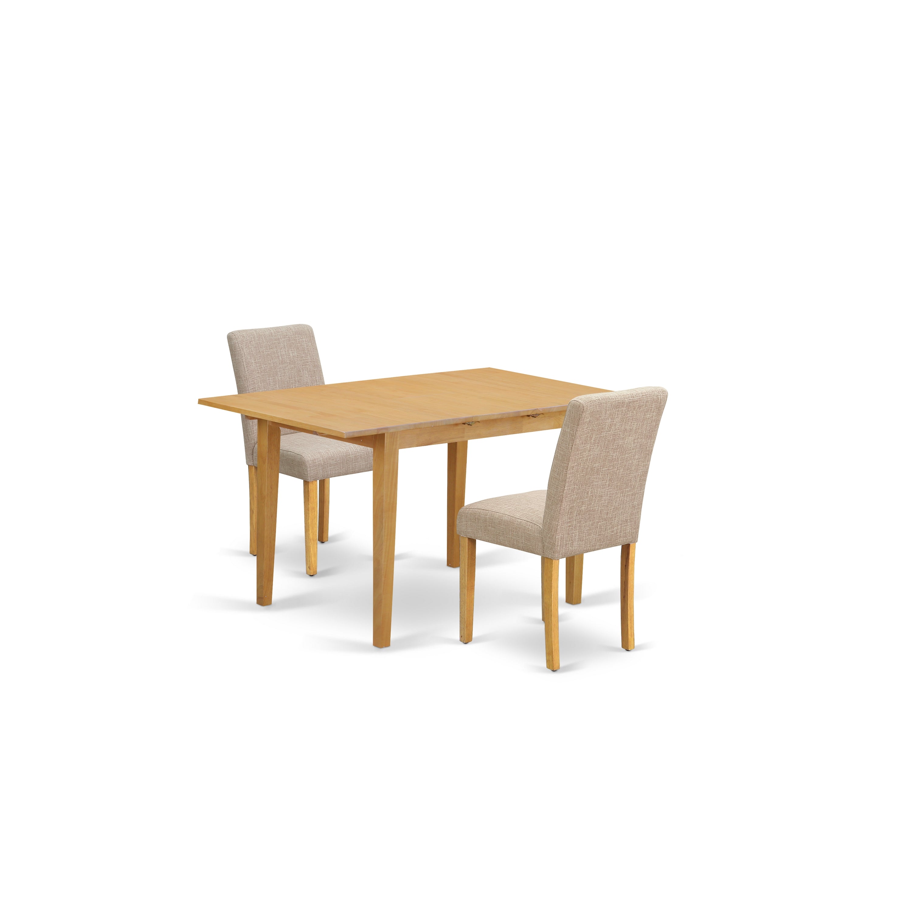 Juego de mesa de cocina de 3 piezas East West Furniture NOAB3-OAK-04. Incluye una mesa de comedor rectangular con hojas de mariposa y 2 sillas tapizadas en tela de lino color tostado claro.