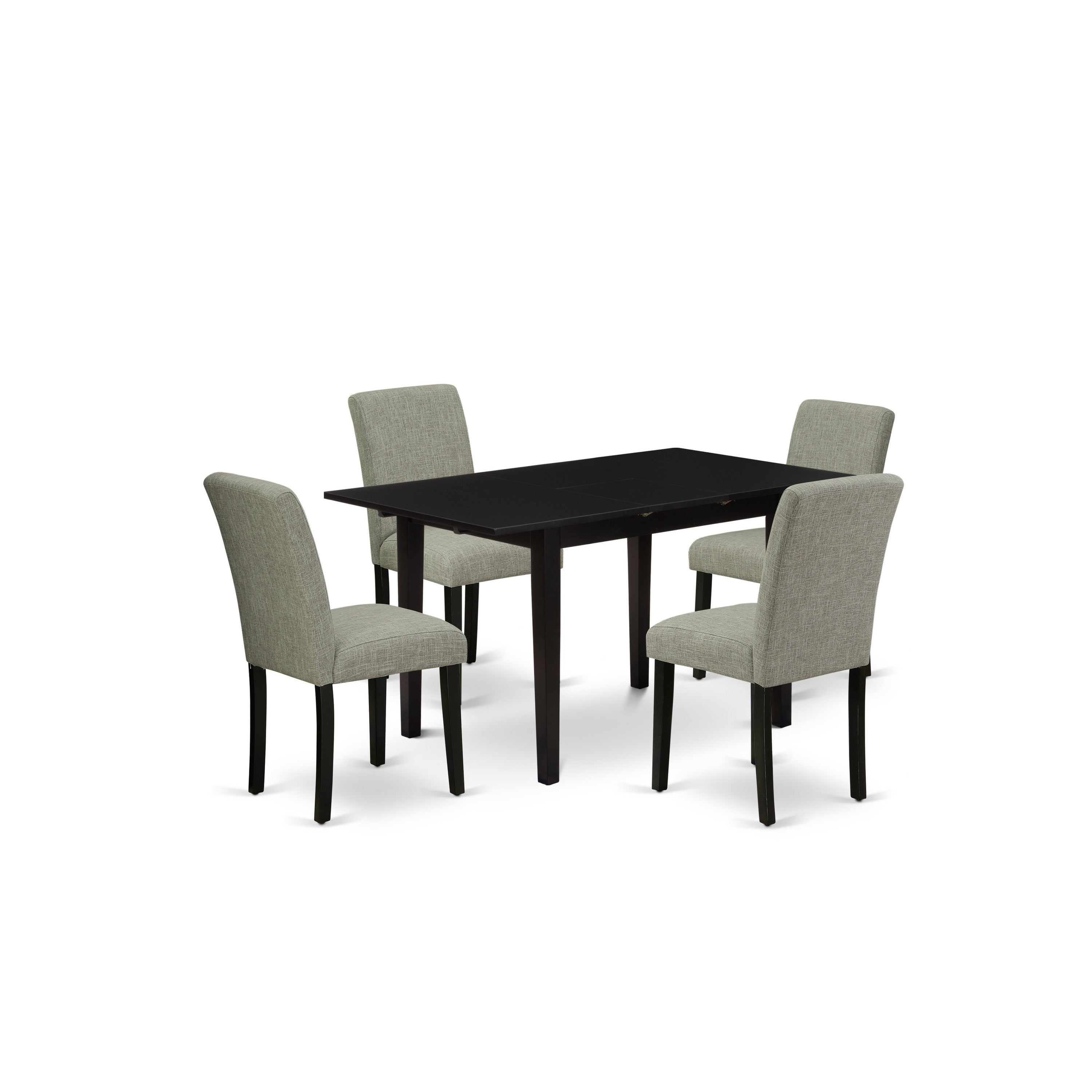 East West Furniture NOAB5-BLK-06 5-Piece Kitchen Dining Table Set - 4 Kitchen Parson Chairs with High Back and Upholstered Seat and Butterfly Leaf Rectangular Wood Table and 4 Legs - Black Finish